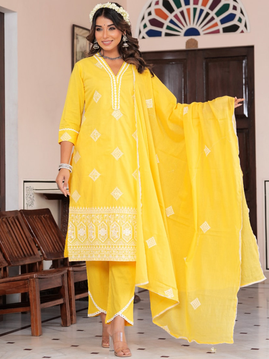 

KALINI Geometric Embroidered Gotta Patti Pure Cotton Straight Kurta & Trousers & Dupatta, Yellow