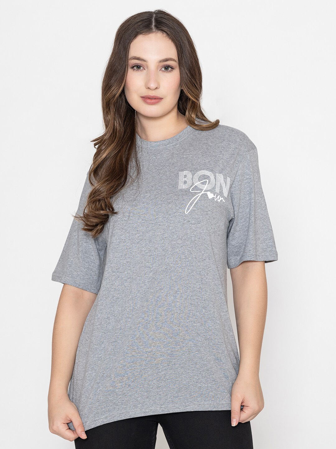 

Bonjour Round Neck Short Sleeves Regular Fit Cotton T-shirt, Grey melange