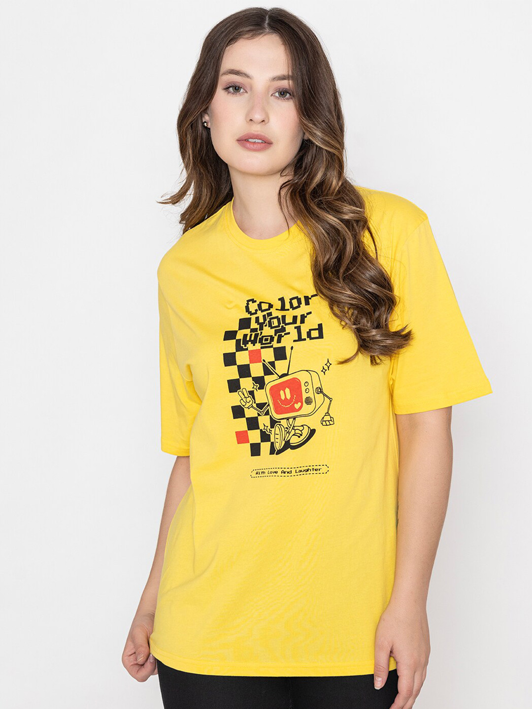 

Bonjour Typography Printed Round Neck Short Sleeves Regular Fit Cotton T-shirt, Yellow