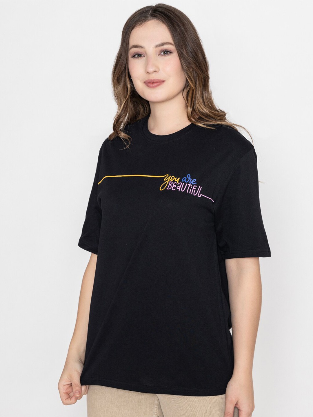 

Bonjour Typography Printed Round Neck Short Sleeves Regular Fit Cotton T-shirt, Black