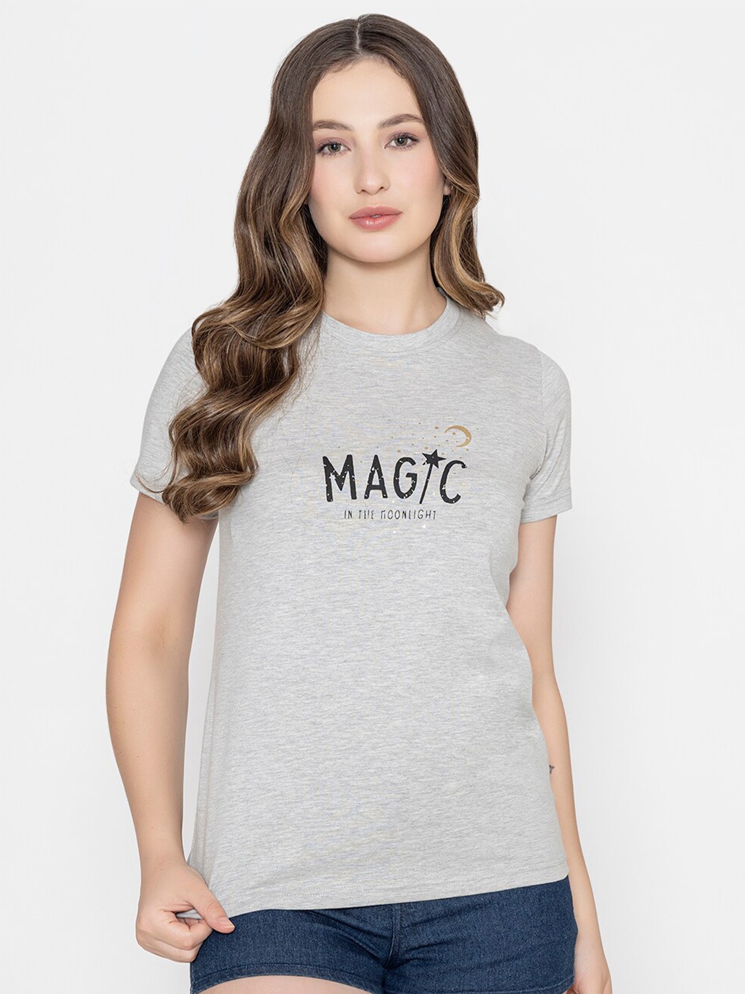 

Bonjour Typography Printed Regular Sleeves Cotton Casual T-shirt, Grey