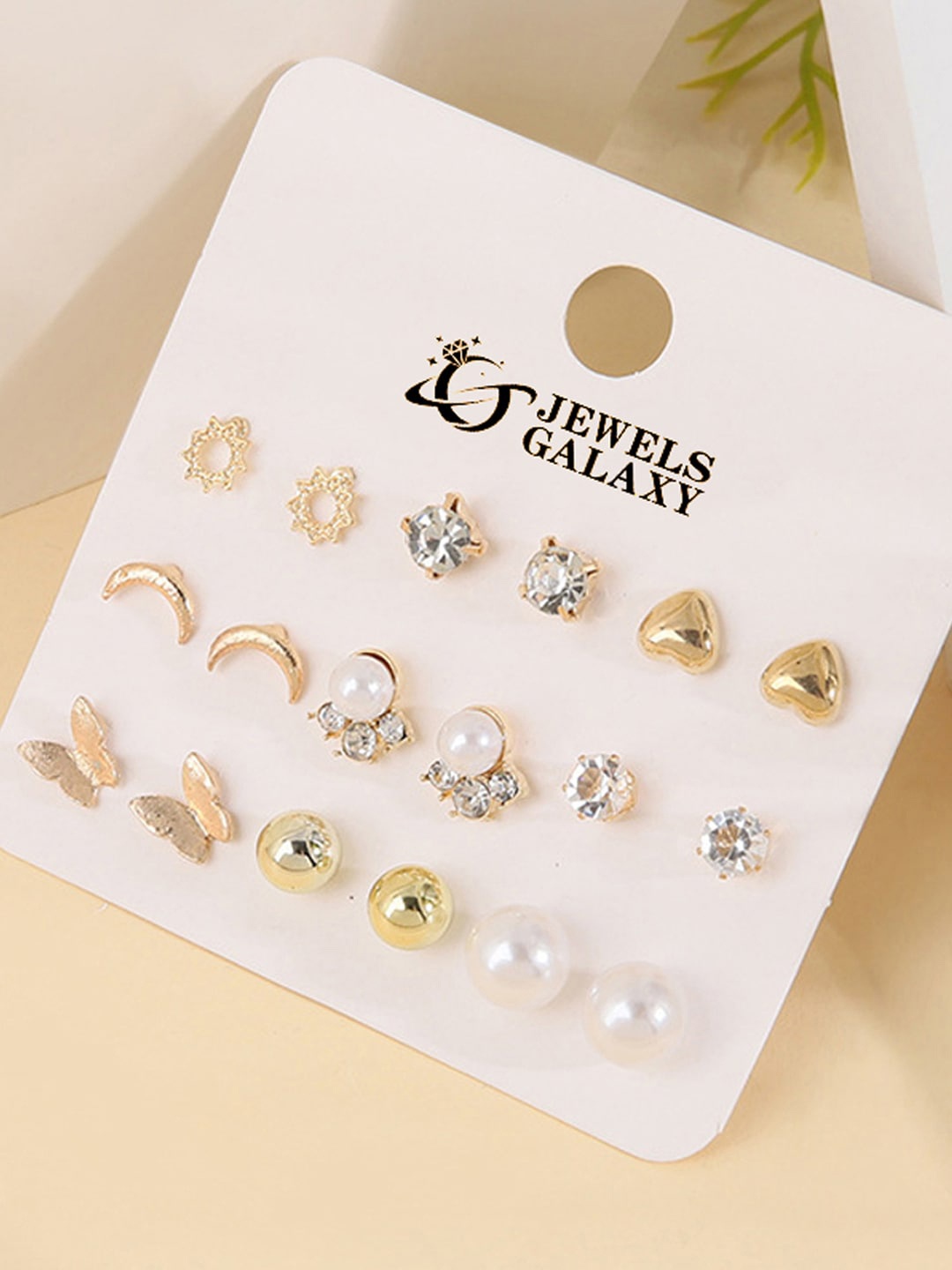 

Jewels Galaxy Set Of 9 Gold-Plated Crystals Studded Contemporary Studs Earrings