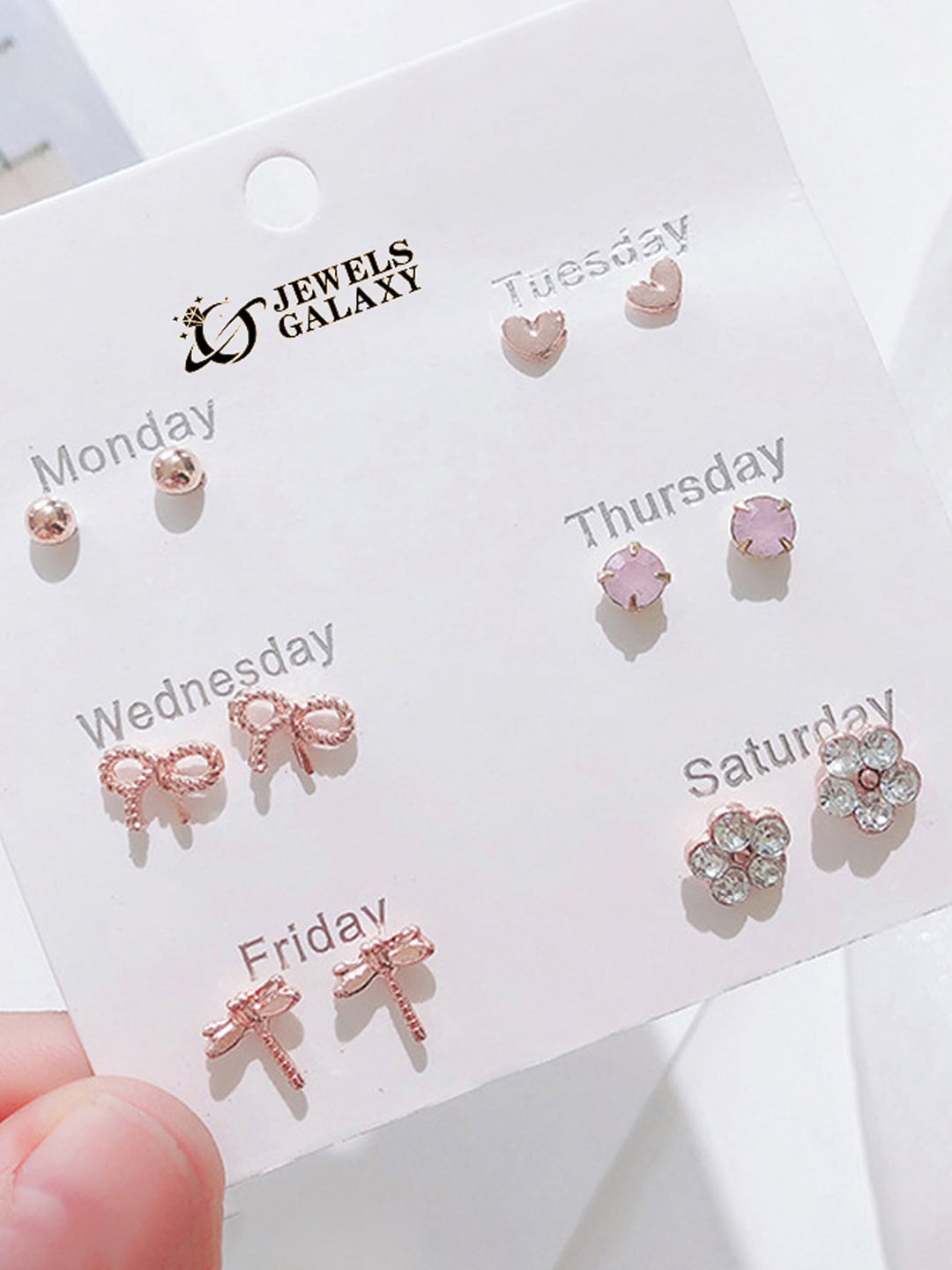 

Jewels Galaxy Set Of 6 Rose Gold Plated Crystals Studded Contemporary Studs Earrings