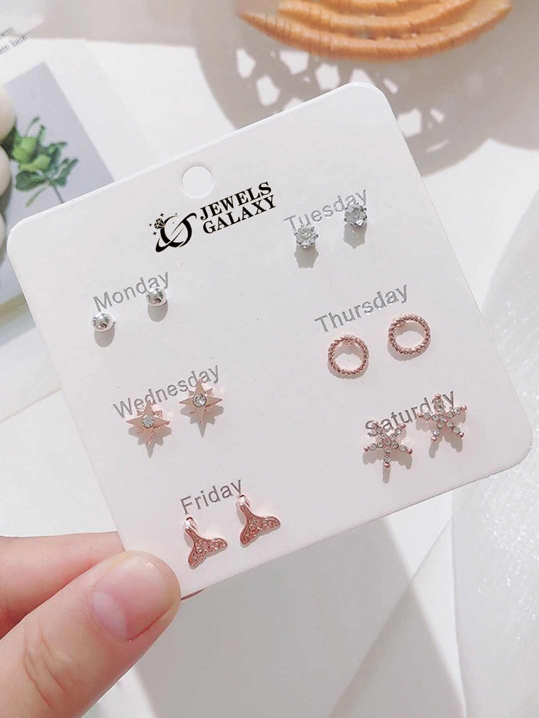 

Jewels Galaxy Set Of 6 Rose Gold-Plated Crystals Studded Contemporary Studs Earrings