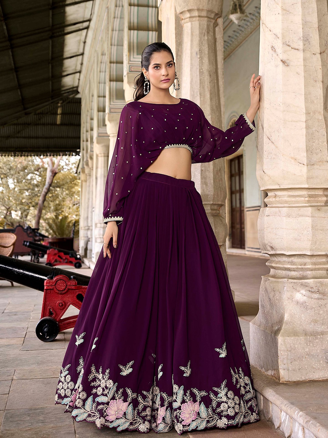 

LOOKNBOOK ART Embroidered Sequinned Boat Neck Ready to Wear Lehenga & Blouse, Burgundy