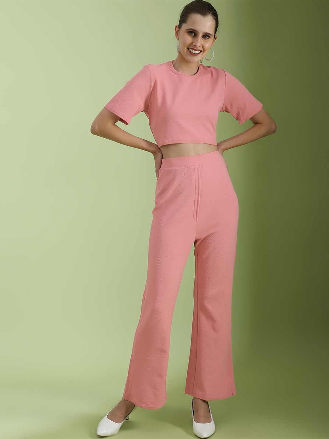 

Selvia Short Sleeves Crop Top With Trousers, Pink