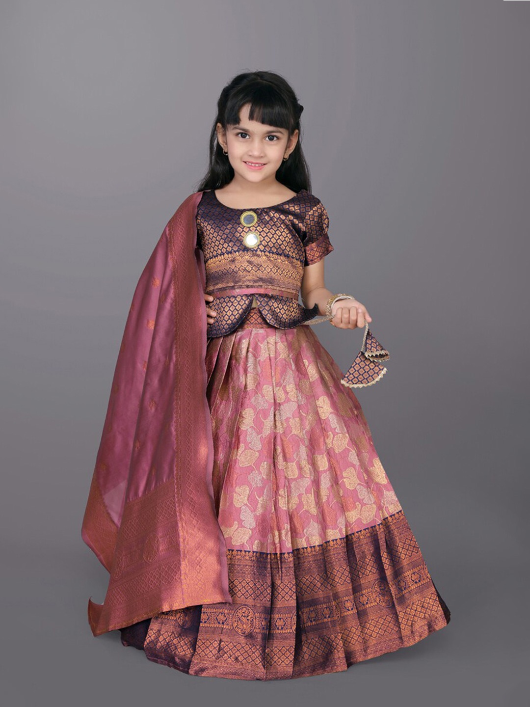 

BAESD Girls Ethnic Motifs Woven Design Zari Ready to Wear Lehenga & Blouse With Dupatta, Orange