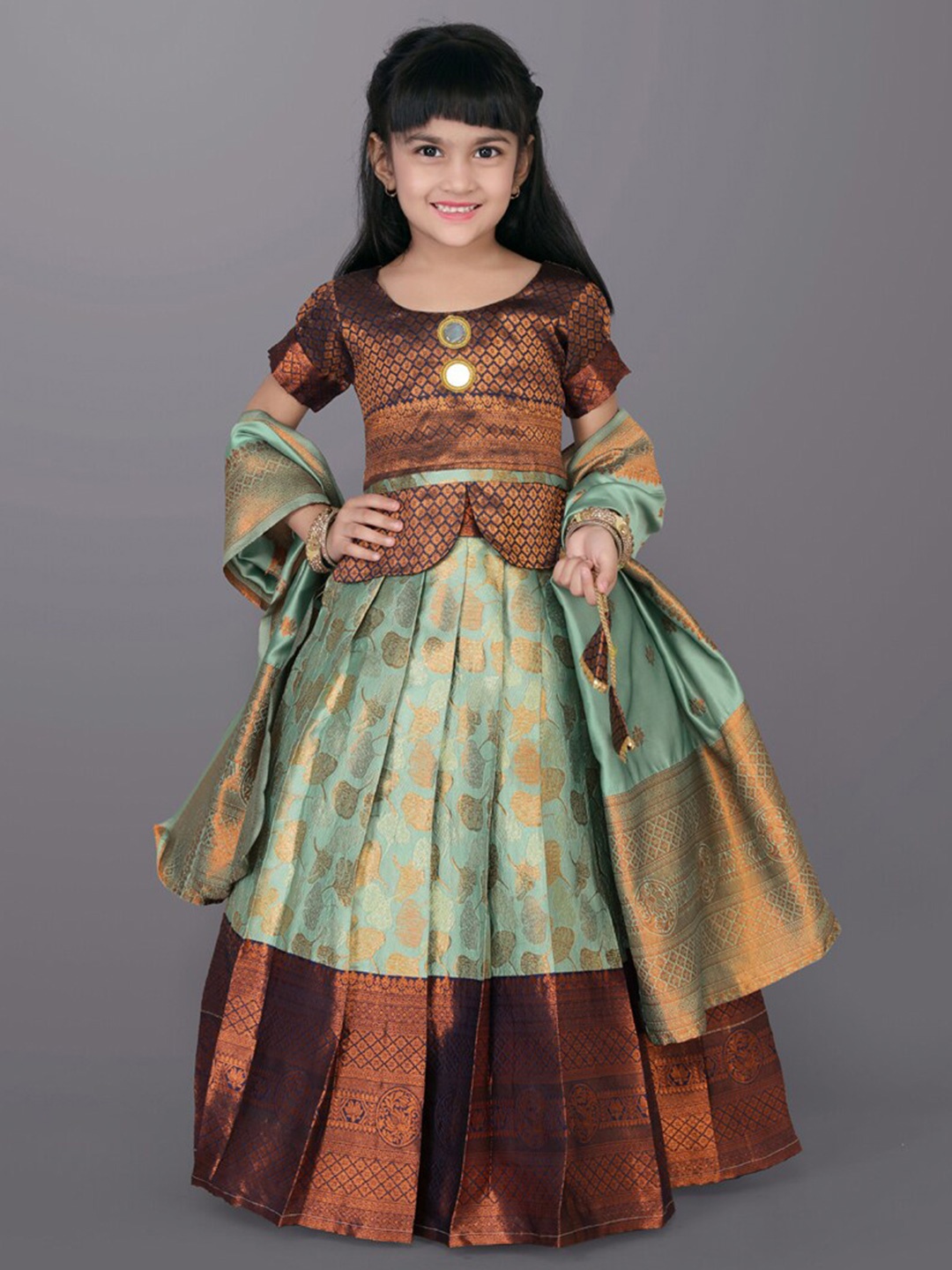 

BAESD Girls Ethnic Motifs Woven Design Zari Ready to Wear Lehenga & Blouse With Dupatta, Sea green