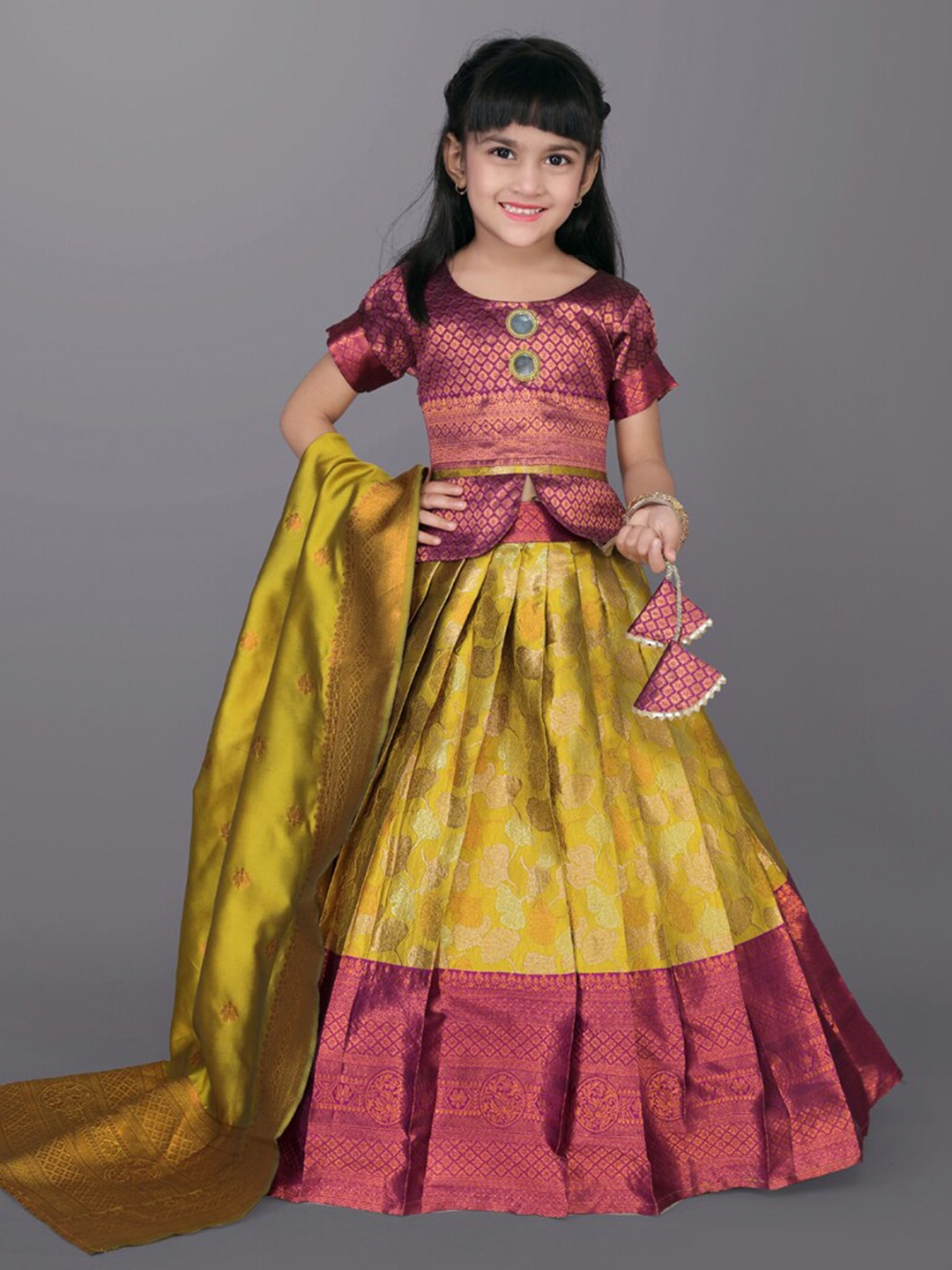 

BAESD Girls Ethnic Motifs Woven Design Zari Ready to Wear Lehenga & Blouse With Dupatta, Lime green