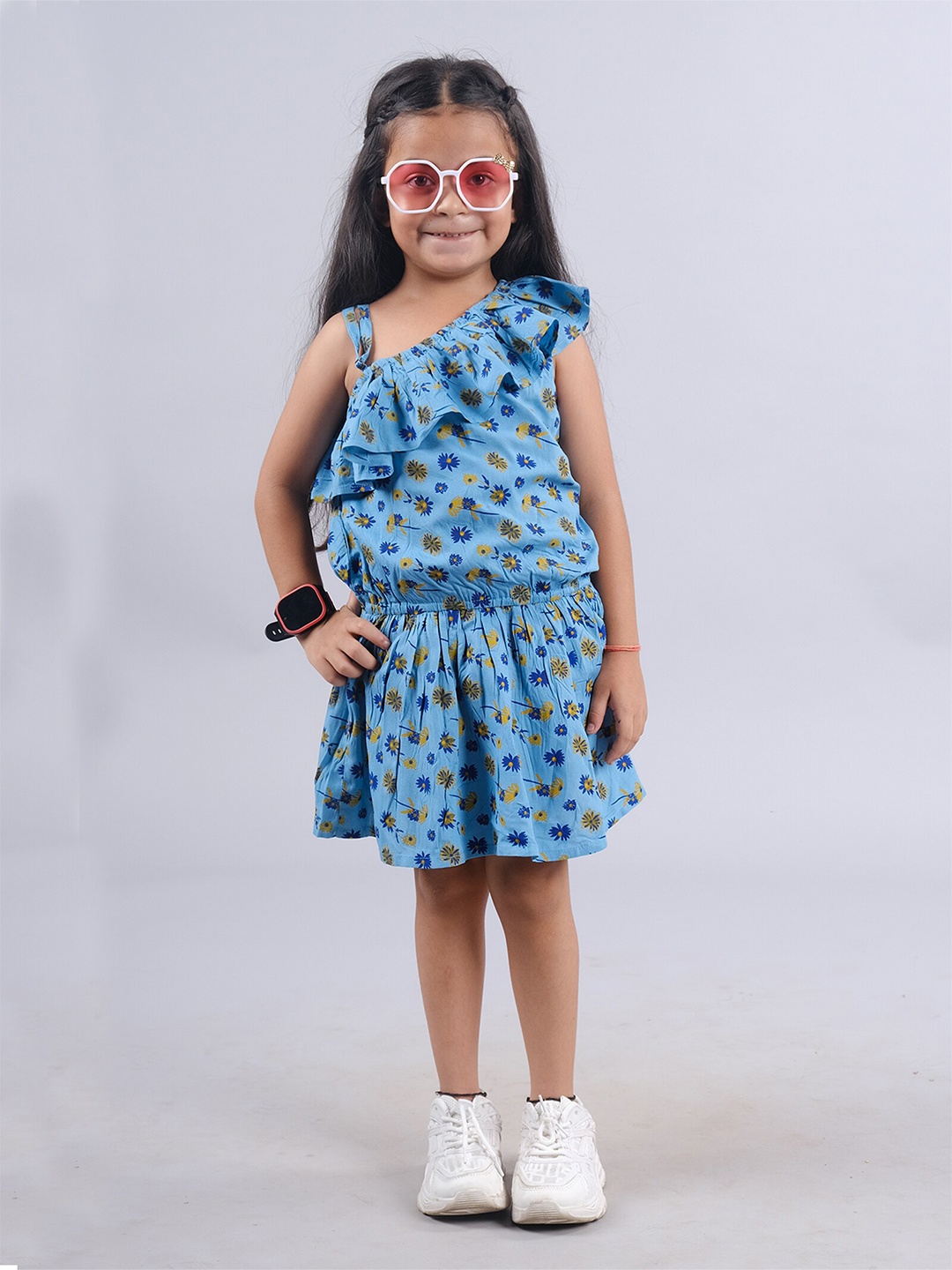 

KiddoPanti Girls Floral Printed One Shoulder Sleeveless Blouson Dress, Blue