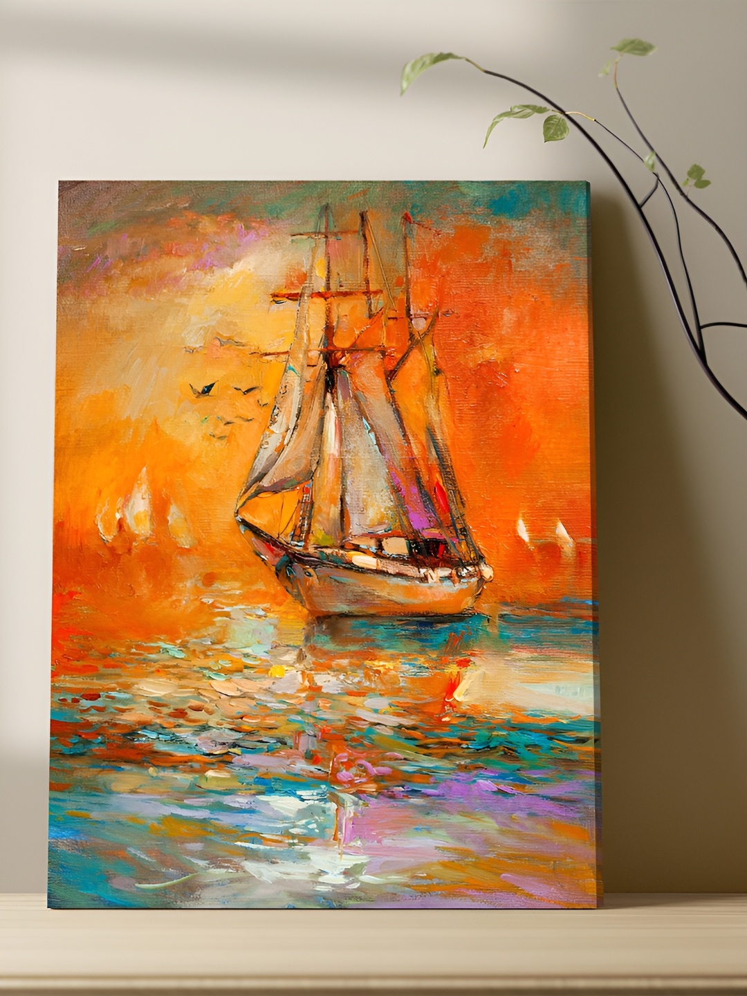 

Art Street Canvas Painting Ship in Ocean Wall Hanging Fine Art, Orange