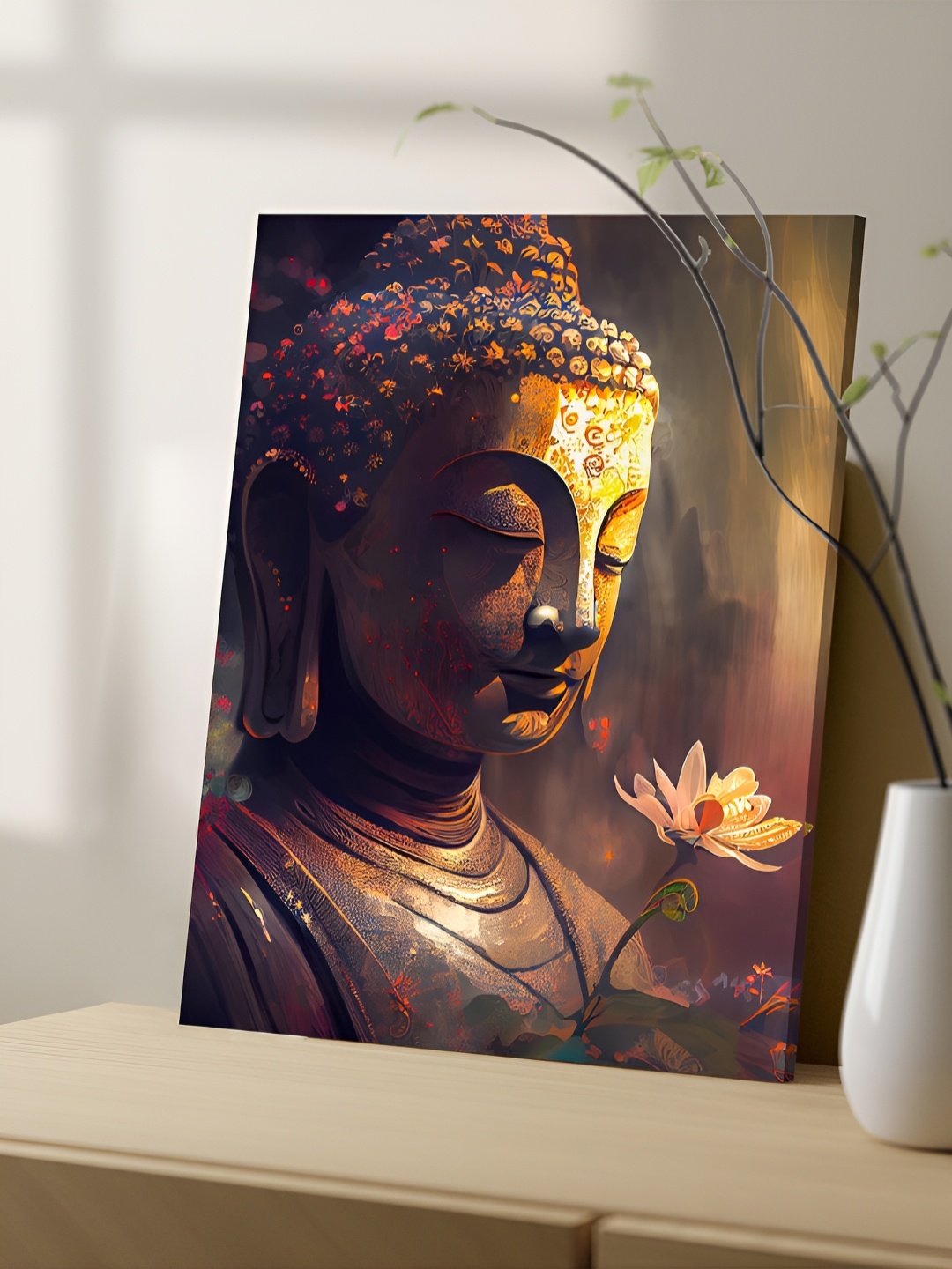 

Art Street Brown & Yellow Canvas Painting Lord Budhha with Flower Wall Art