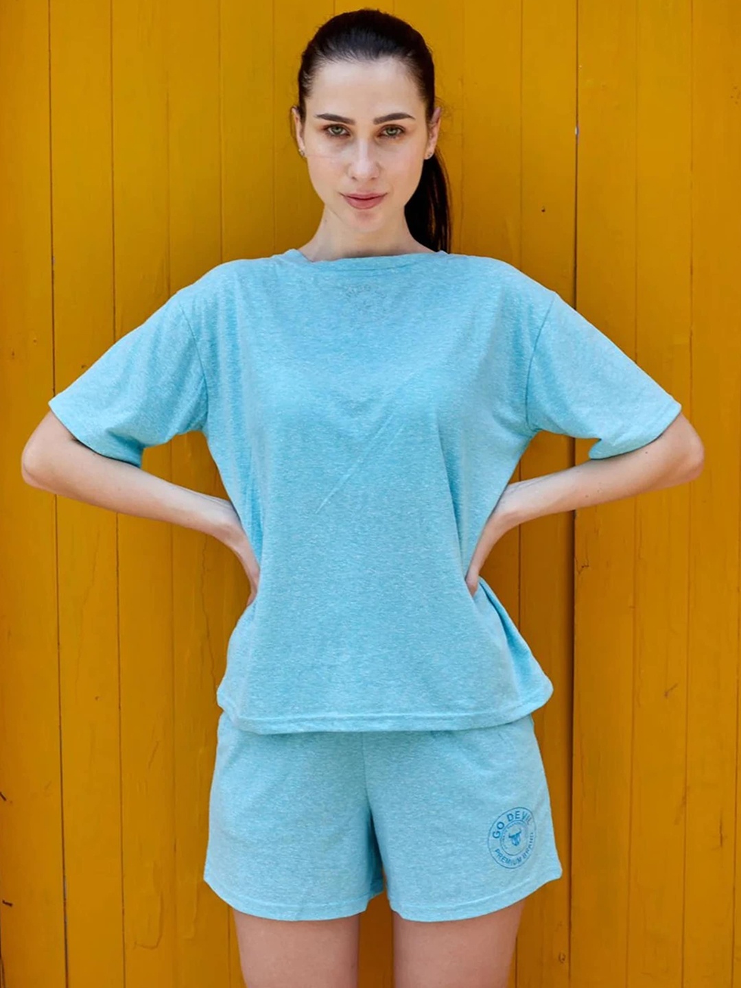 

GO DEVIL Self Design Pure Cotton T-shirt With Shorts, Turquoise blue