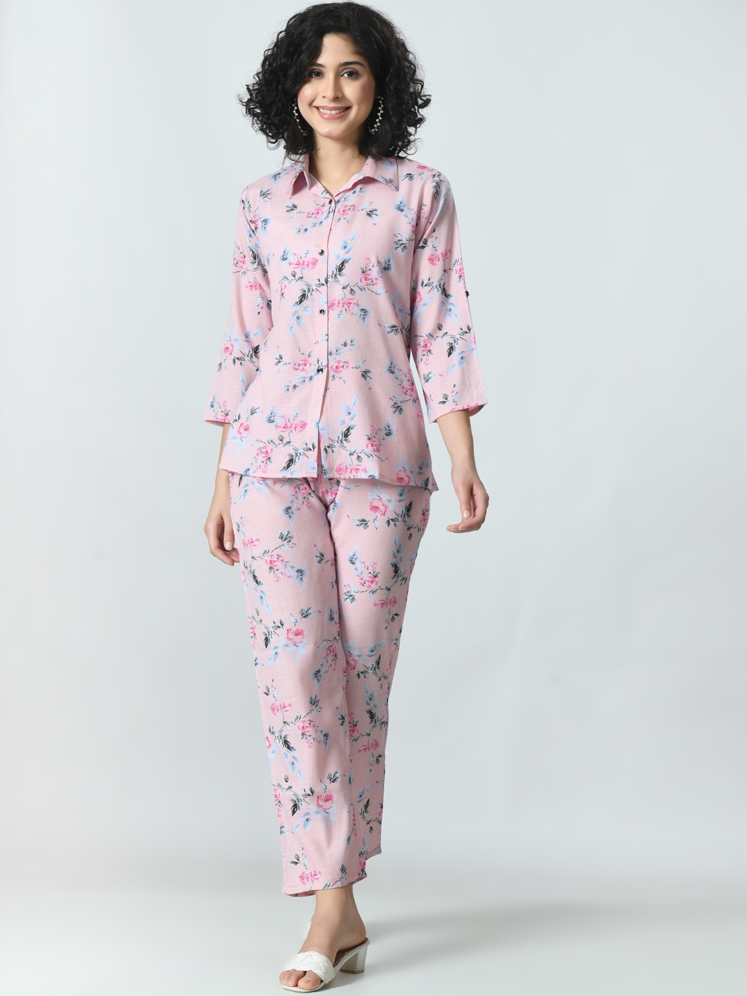 

BAESD Floral Printed Shirt Collar Shirt With Trousers, Pink