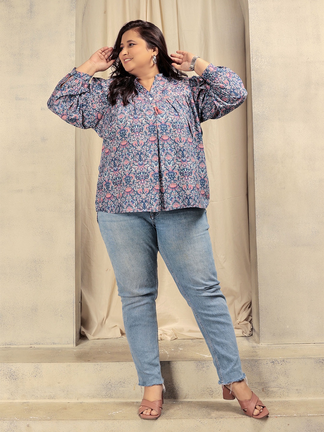 

BAESD Plus Size Abstract Print Mandarin Collar Cuffed Sleeves Shirt Style Top, Blue