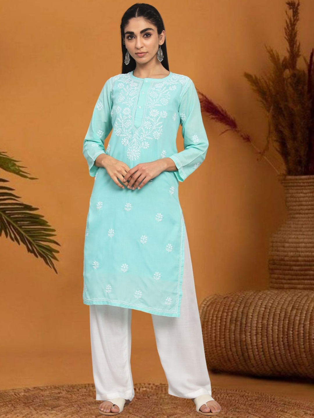 

PARAMOUNT CHIKAN Ethnic Motifs Printed Cotton Strigth Kurta, Sea green