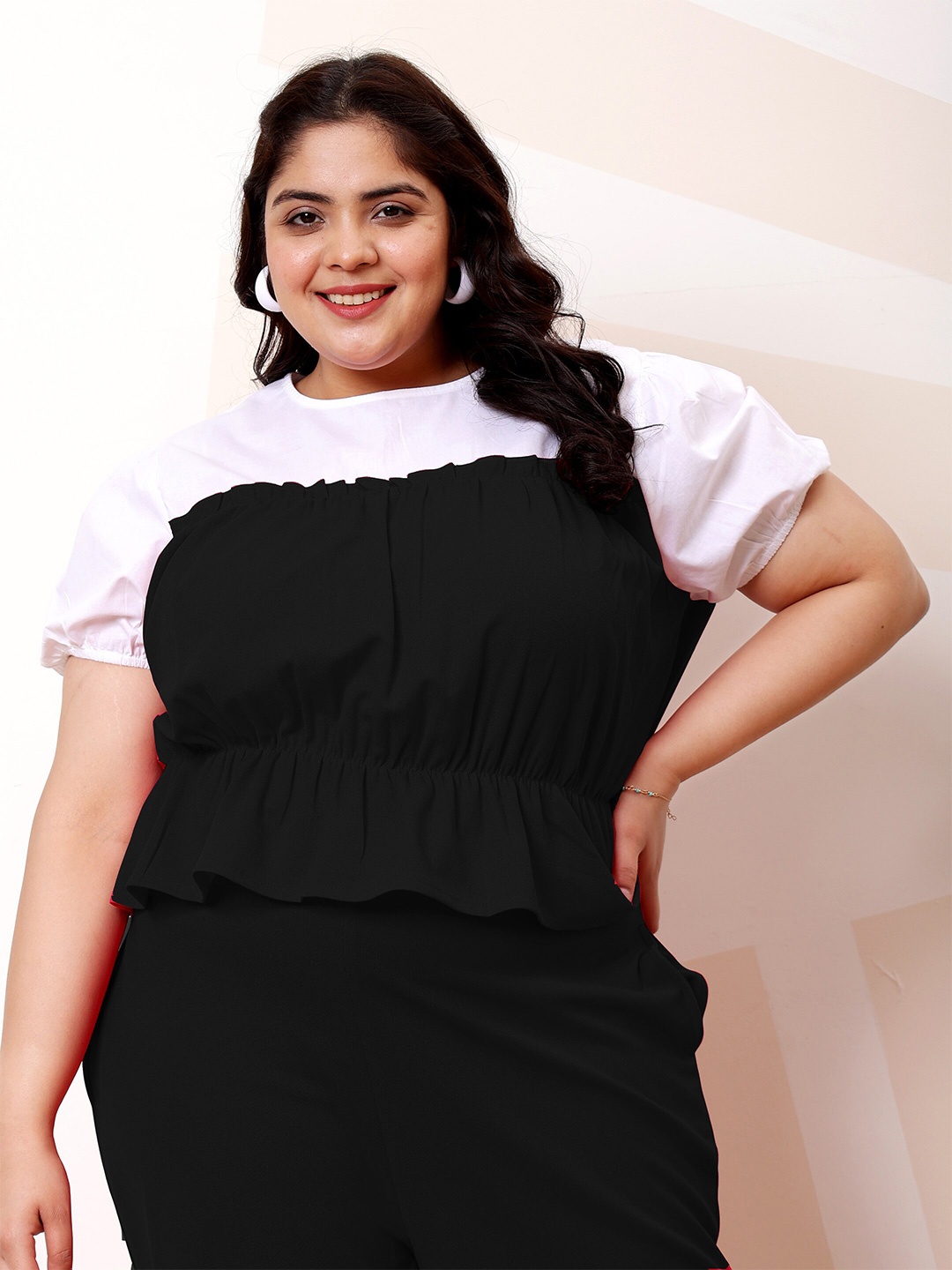 

Athena Ample Plus Size Cotton Colorblocked Cinched Waist Top, Black