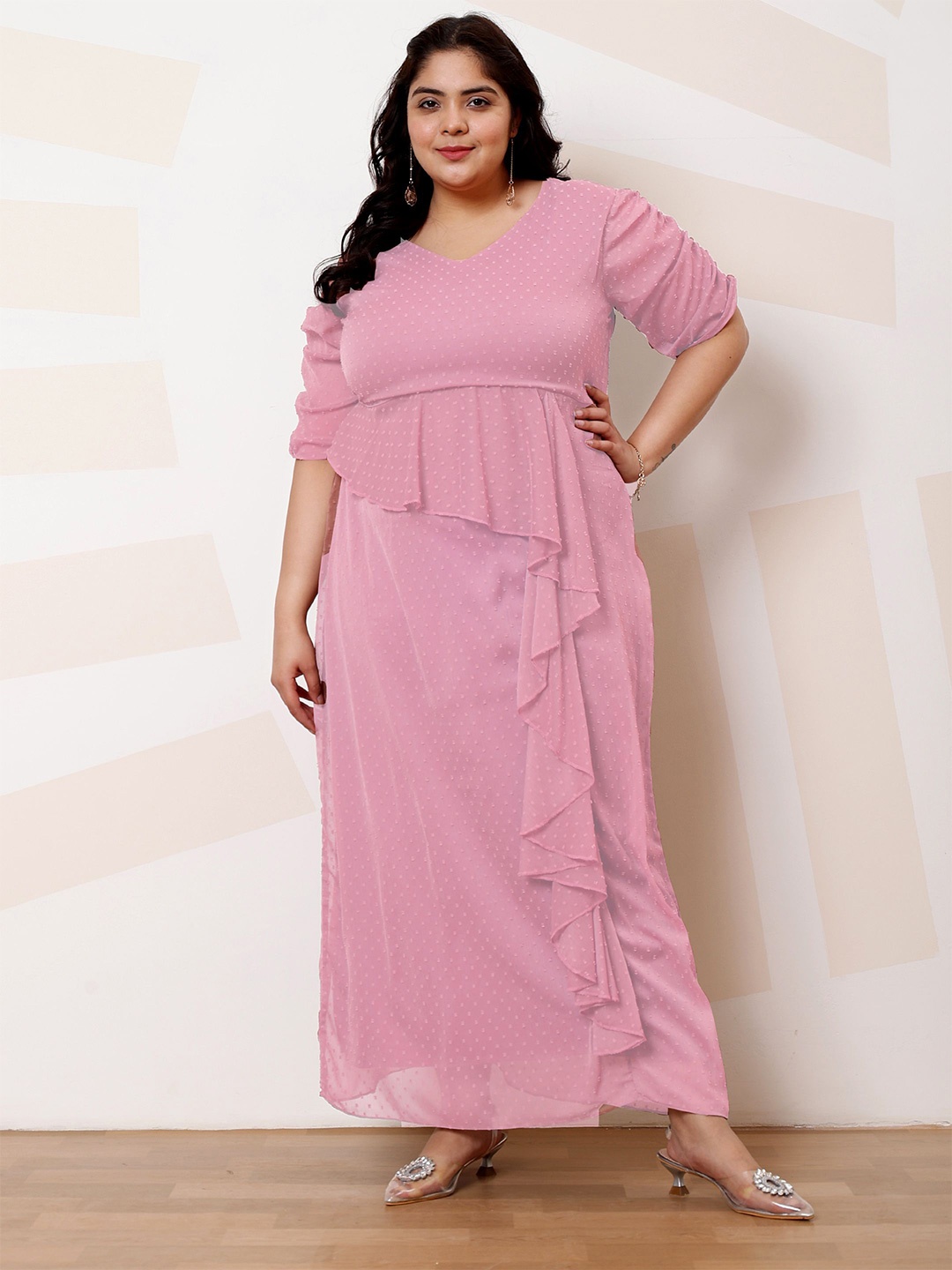 

Athena Ample V-Neck Ruffled Maxi Casual Dress, Pink