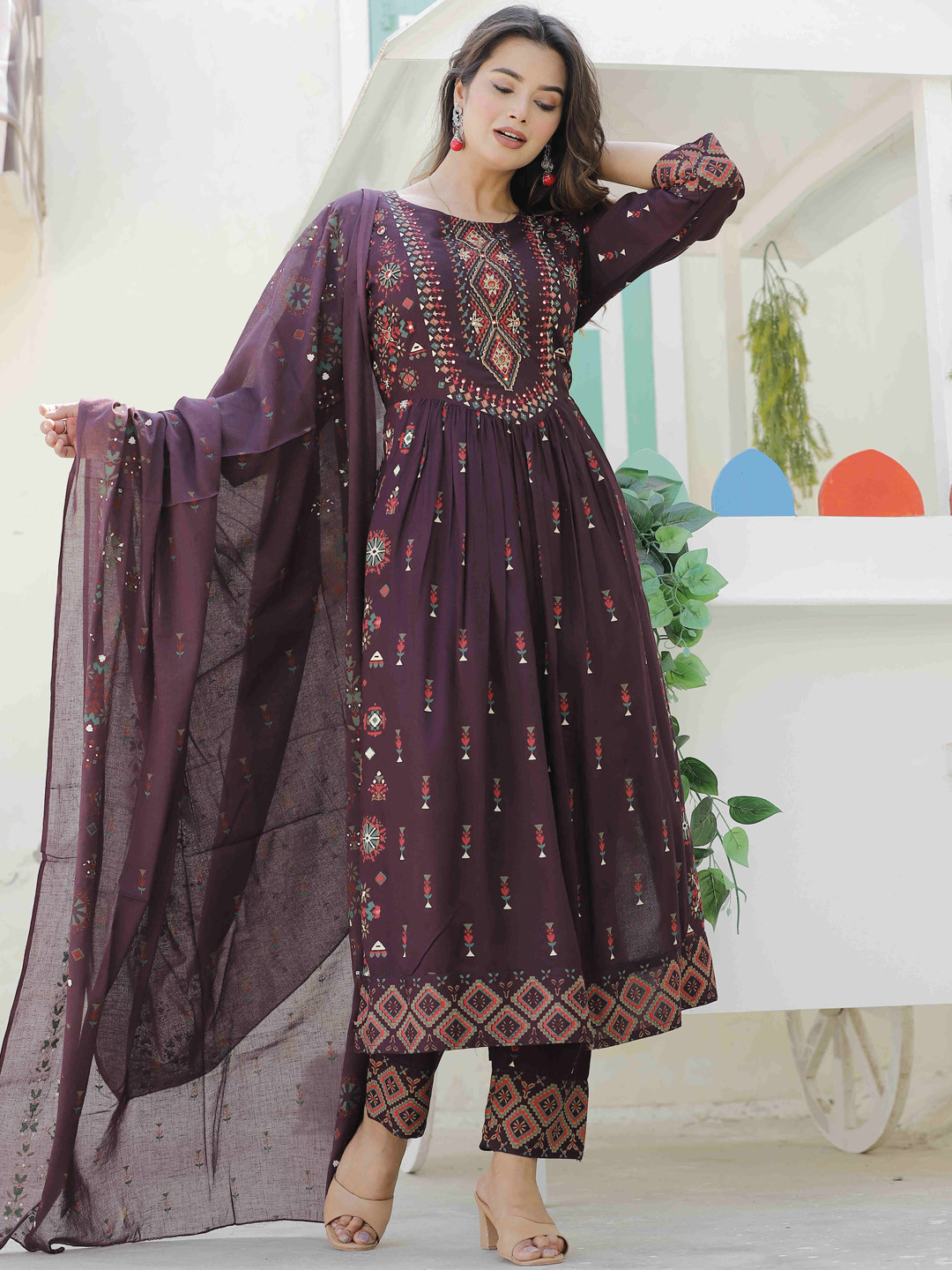 

KALINI Ethnic Motifs Print Empire Beads and Stones Anarkali Kurta with Trousers & Dupatta, Purple