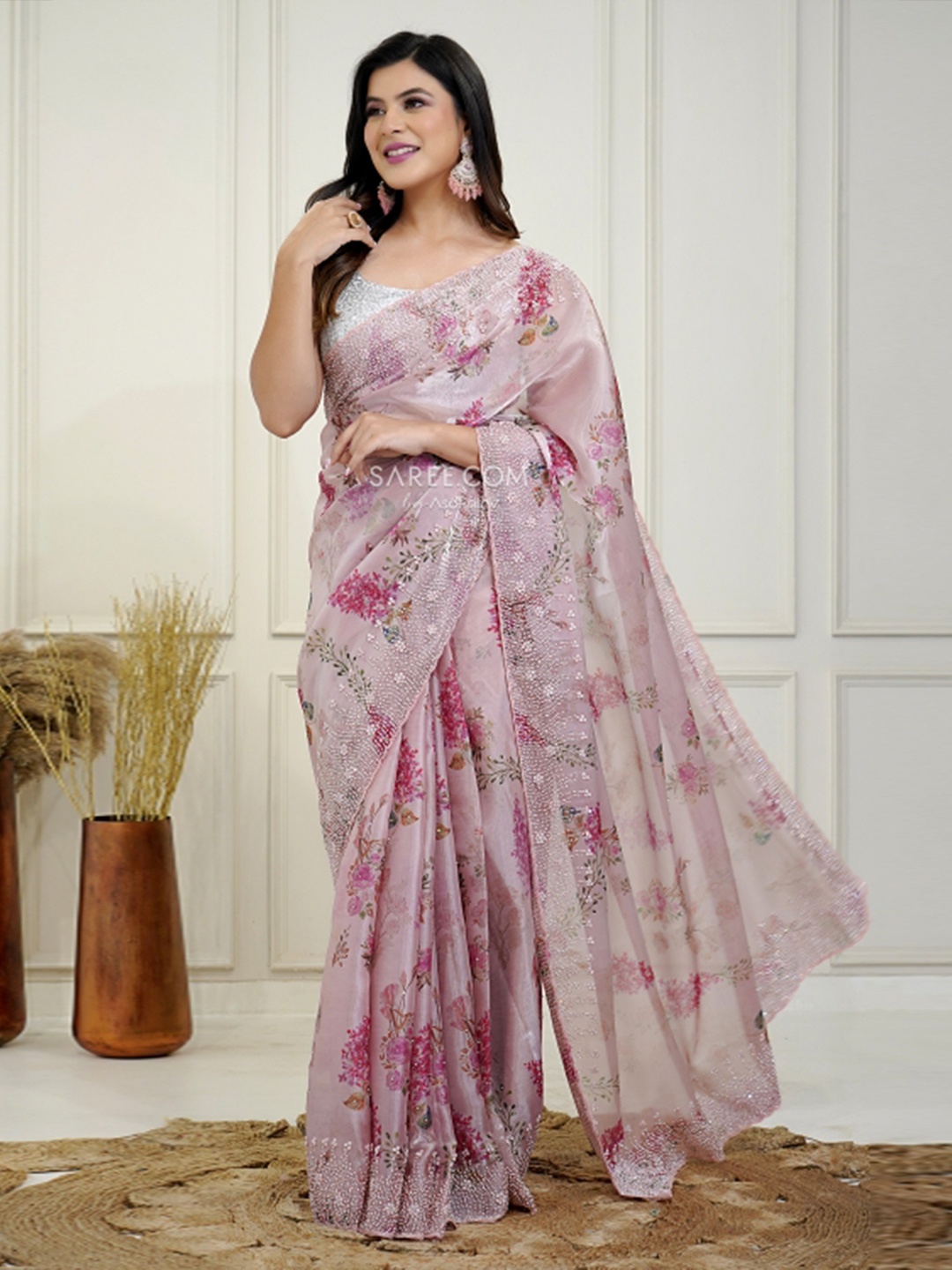 

saree.com Women Floral Embroidered Organza Saree, Pink