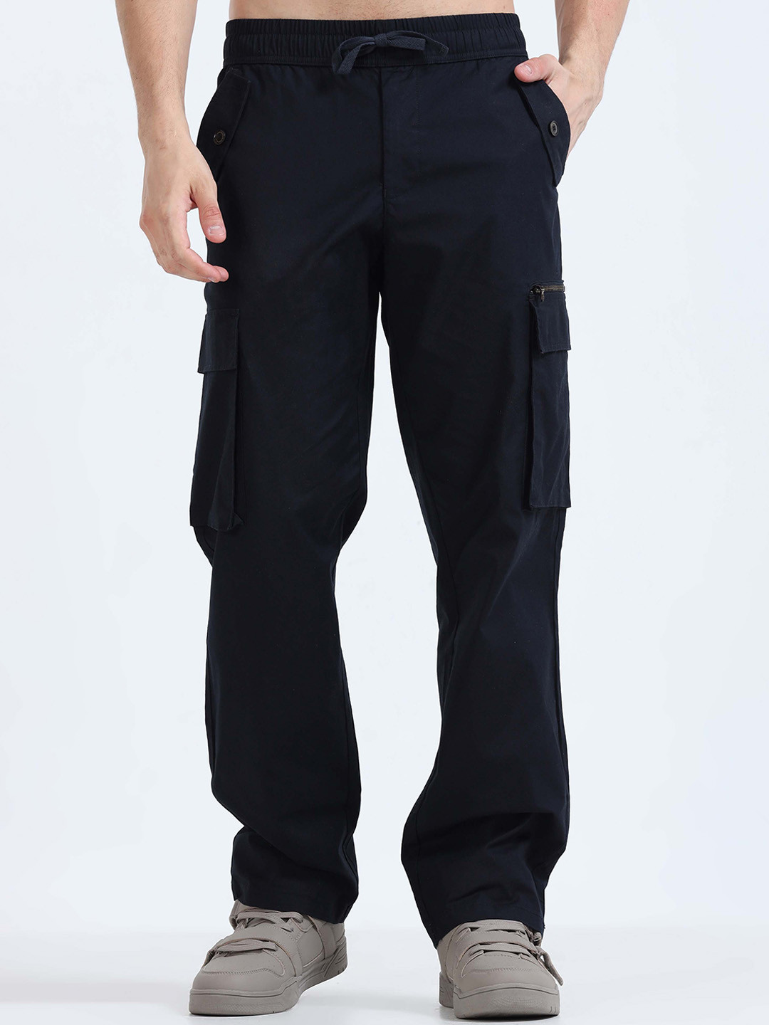 

Tailoraedge Men Relaxed Loose Fit Mid-Rise Cotton Cargos Trousers, Navy blue