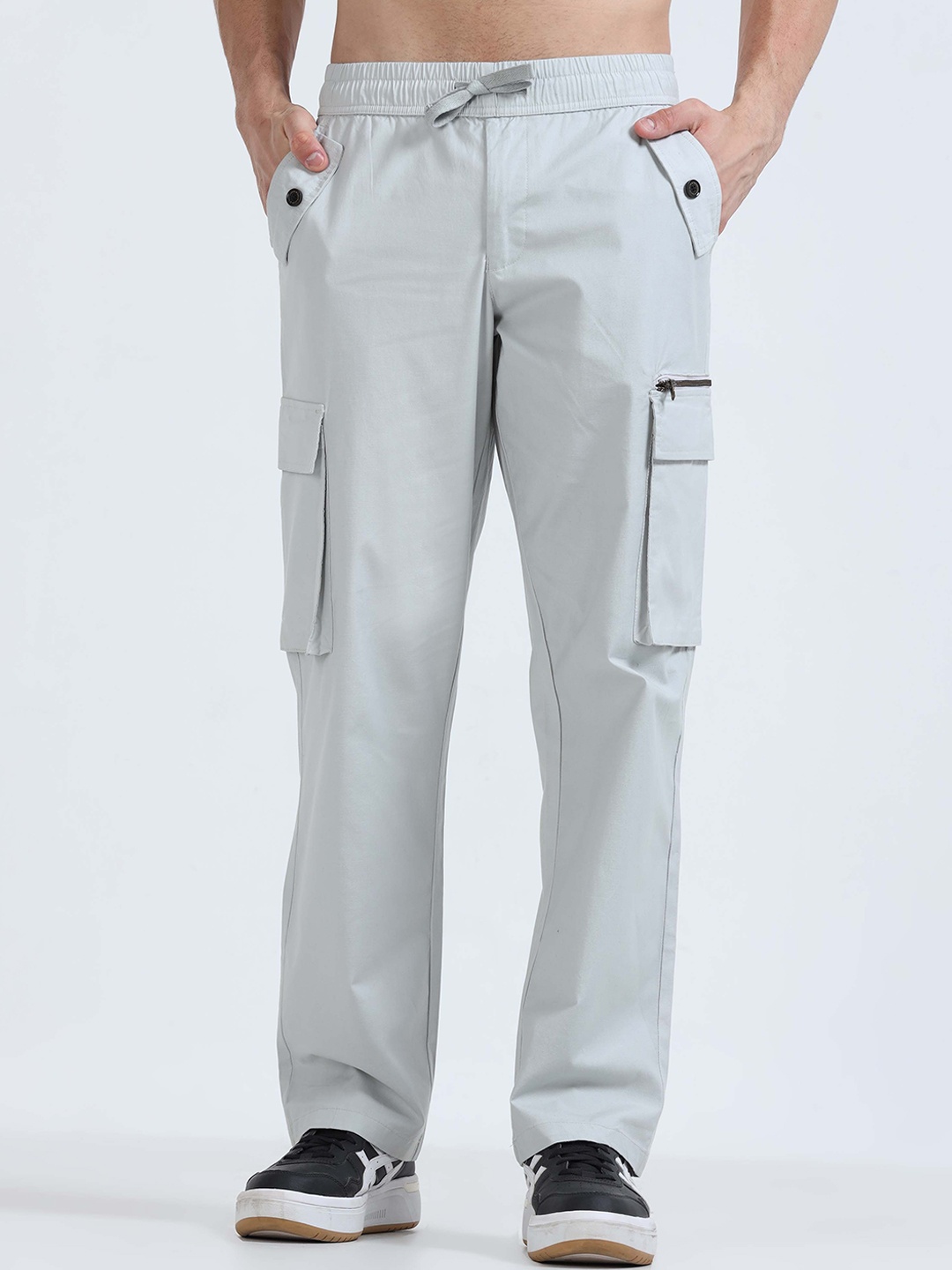 

Tailoraedge Men Relaxed Loose Fit Mid-Rise Cotton Cargos Trousers, Grey