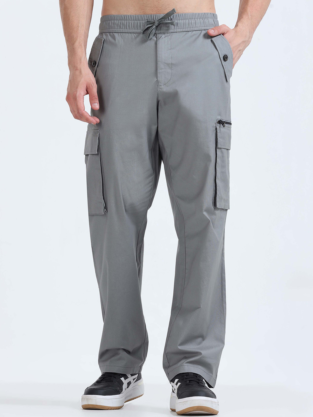 

Tailoraedge Men Relaxed Loose Fit Mid-Rise Cotton Cargos Trousers, Grey