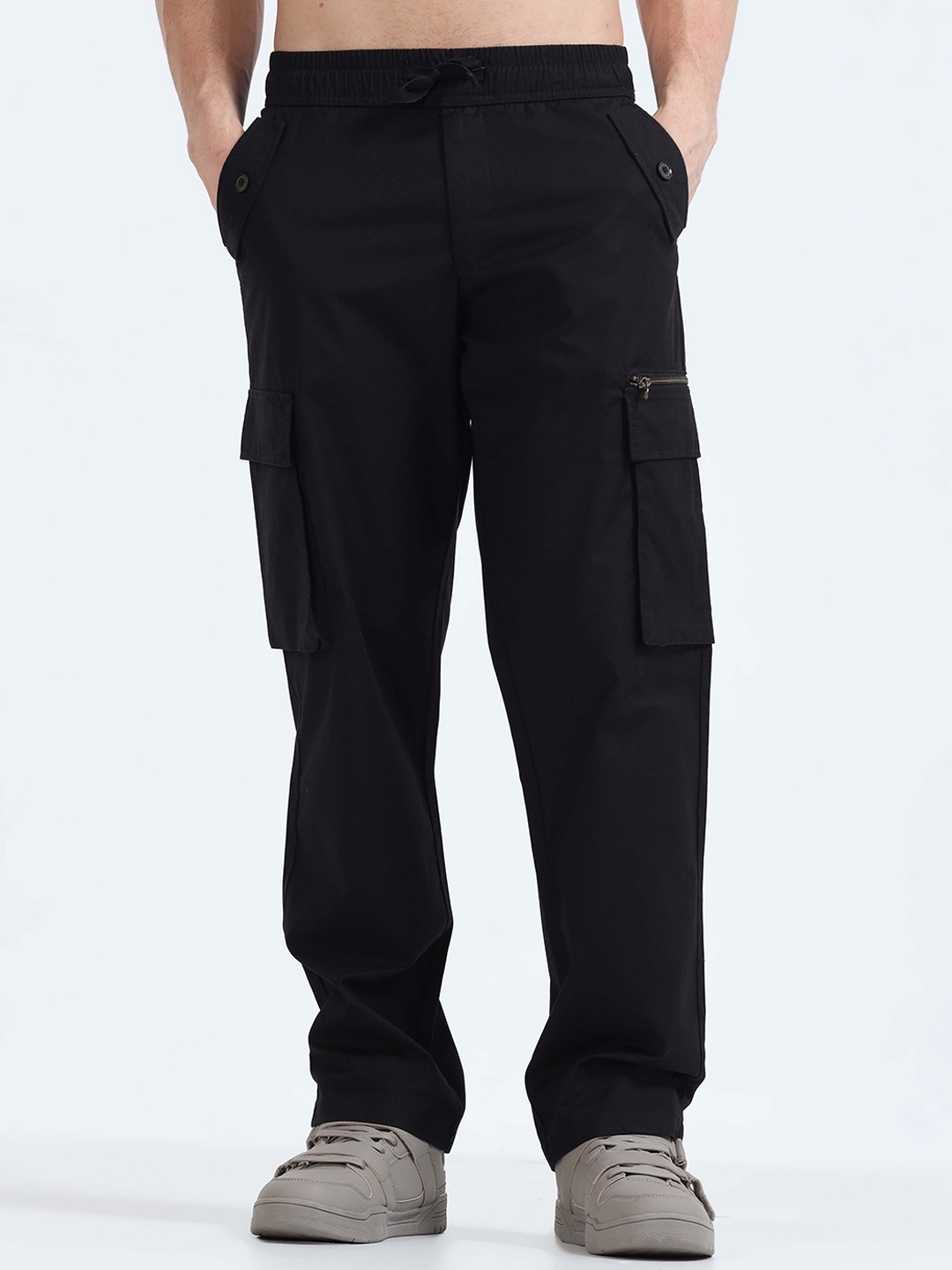 

Tailoraedge Men Relaxed Loose Fit Mid-Rise Cotton Cargos Trousers, Black