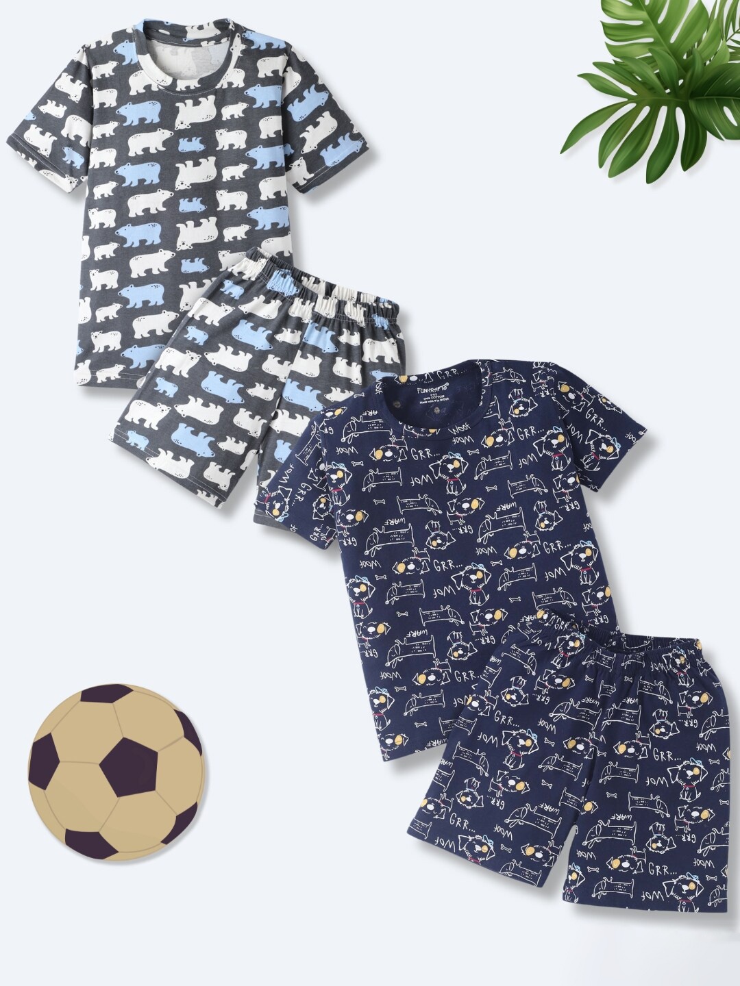 

FUNKRAFTS Boys Pack Of 2 Printed Round Neck Pure Cotton T-shirt with Shorts, Grey