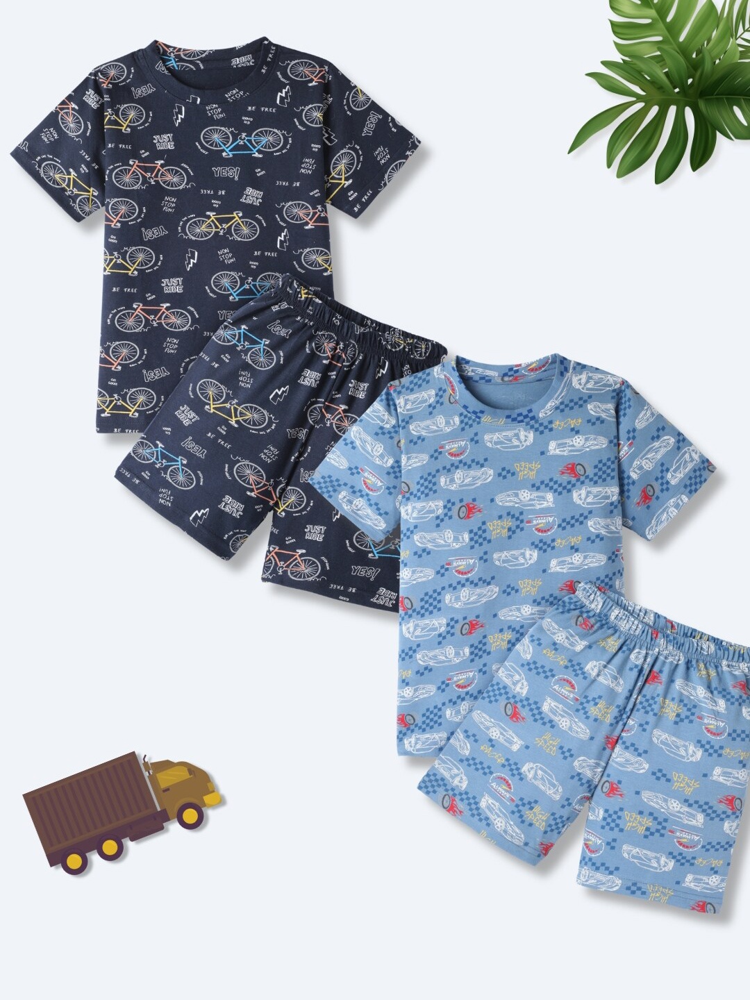 

FUNKRAFTS Boys Pack Of 2 Round Neck Printed Cotton T-shirt with Shorts, Blue