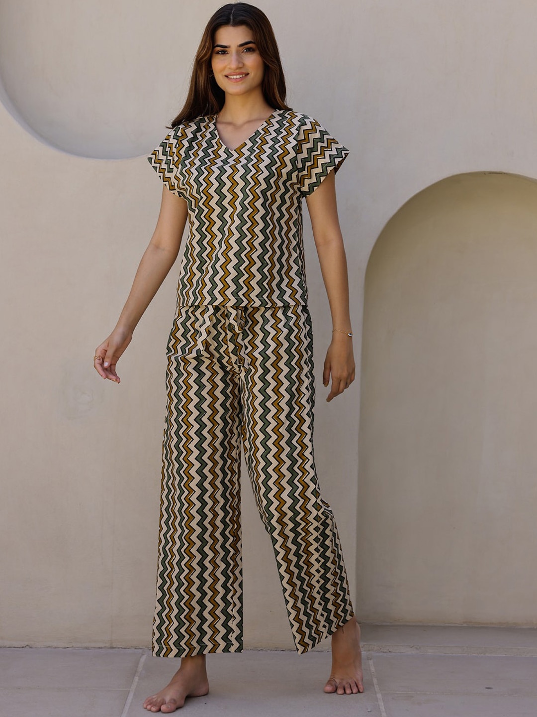 

SANSKRUTIHOMES Striped V-Neck Pure Cotton Top With Pyjamas, Beige