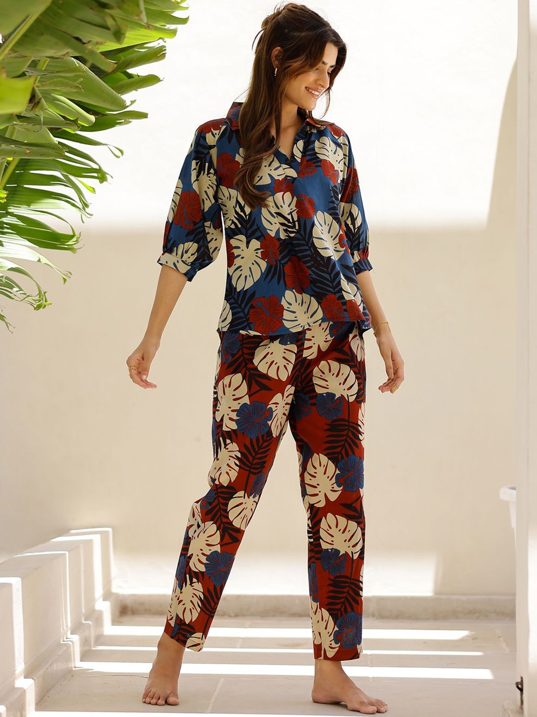 

SANSKRUTIHOMES Tropical Printed Pure Cotton Night suit, Blue
