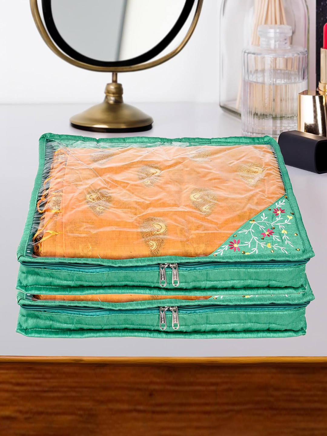 

Kuber Industries Green & Transparent 9 Pieces Self Design Saree Organisers