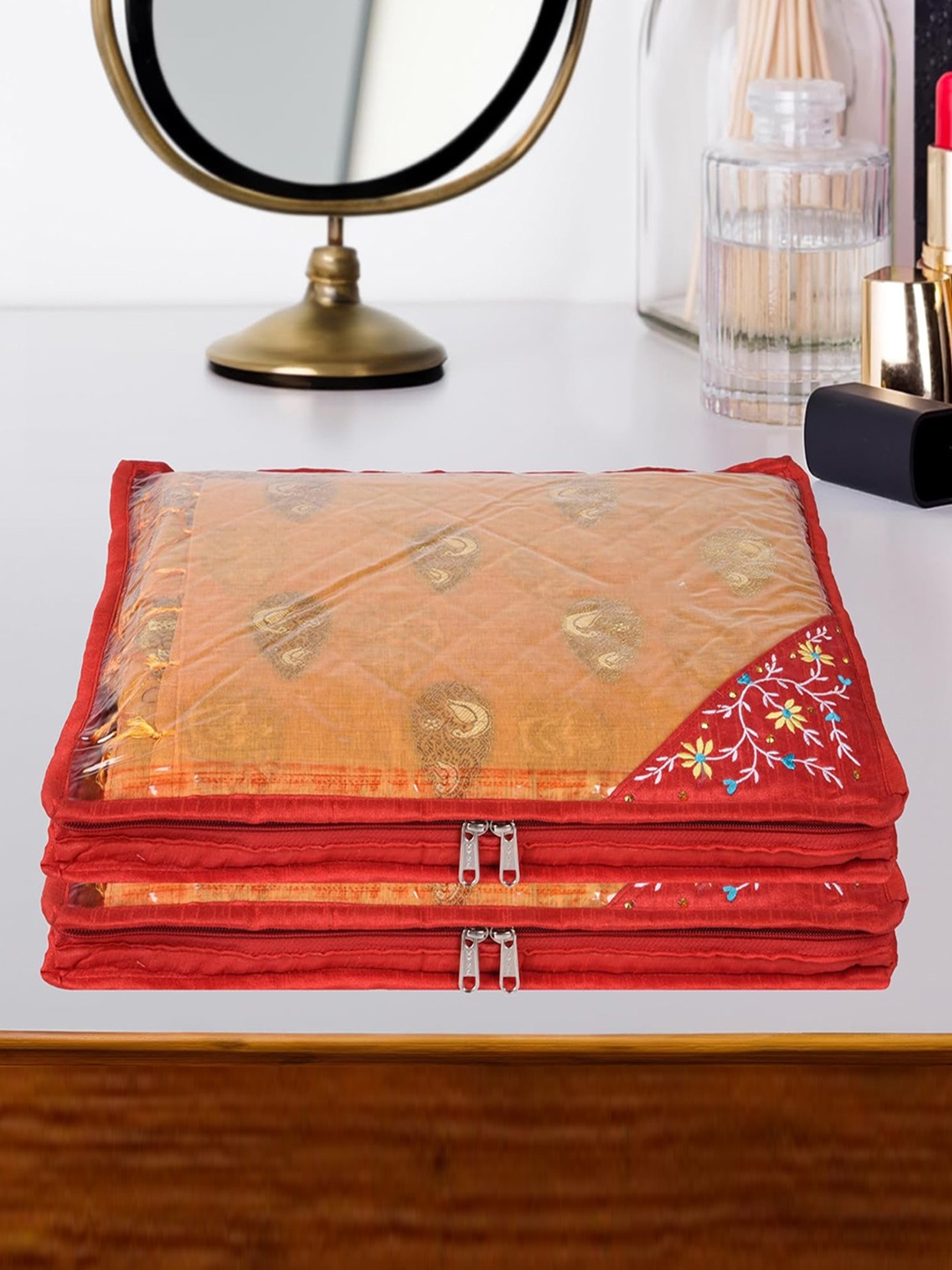 

Kuber Industries Red & Transparent 12 Pieces Self Design Saree Organisers