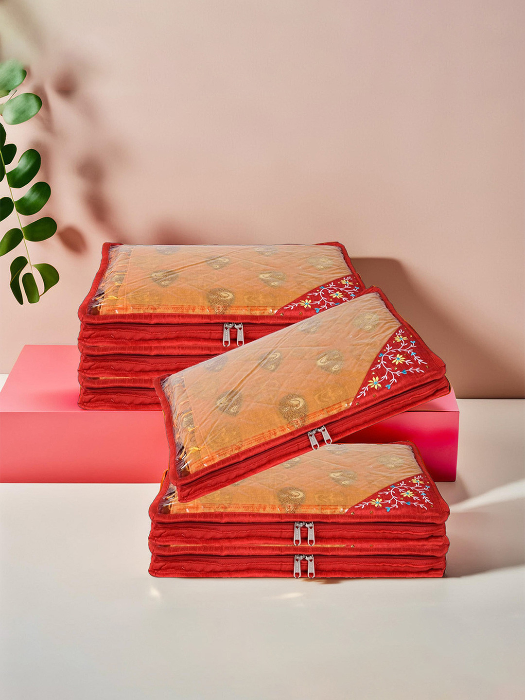 

Kuber Industries Red & White 6 Pieces Self Design Satin Saree Cover Organisers