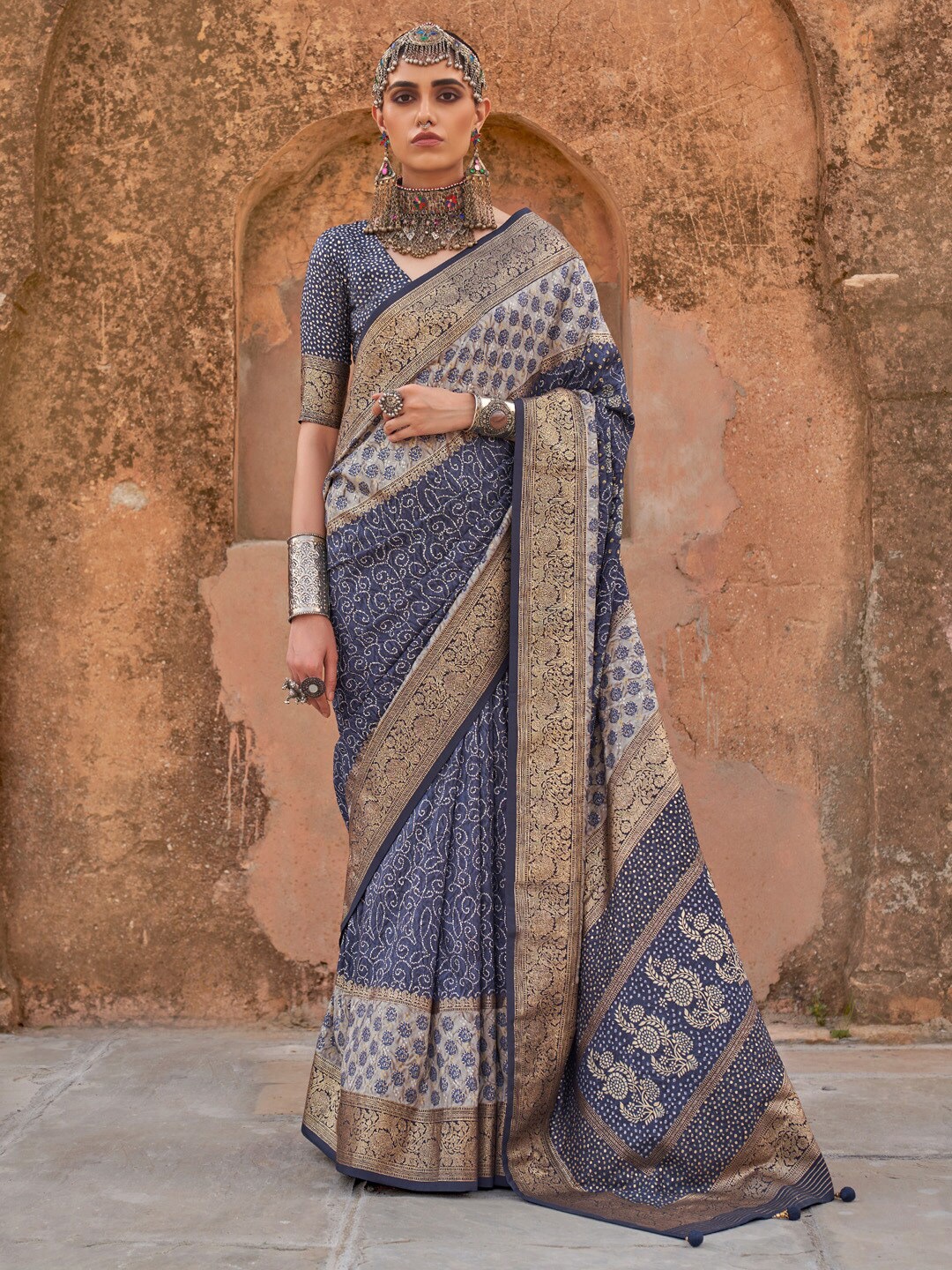 

Anouk Ethnic Motifs Zari Silk Blend Banarasi Saree, Navy blue