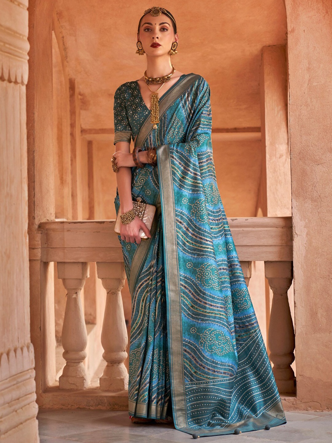 

Anouk Leheriya Zari Silk Blend Banarasi Saree, Blue