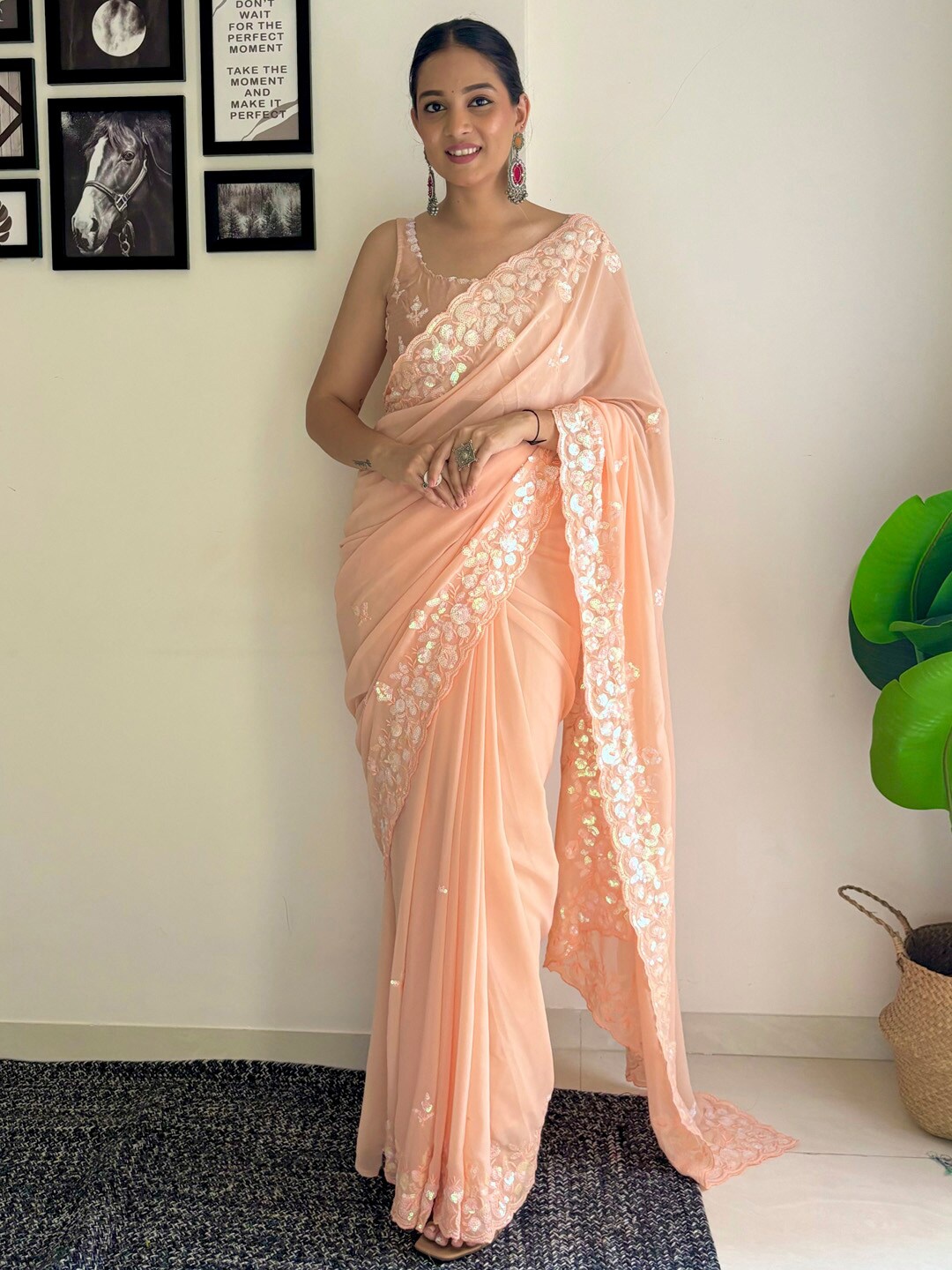 

Anouk Floral Sequinned Pure Georgette Saree, Peach