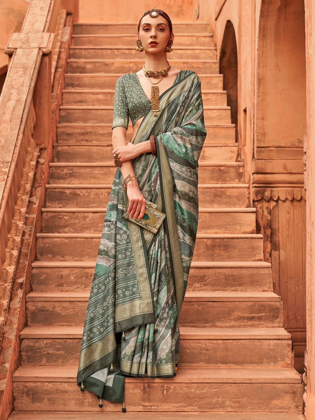 

Anouk Woven Design Jaali Silk Blend Designer Banarasi Saree, Sea green