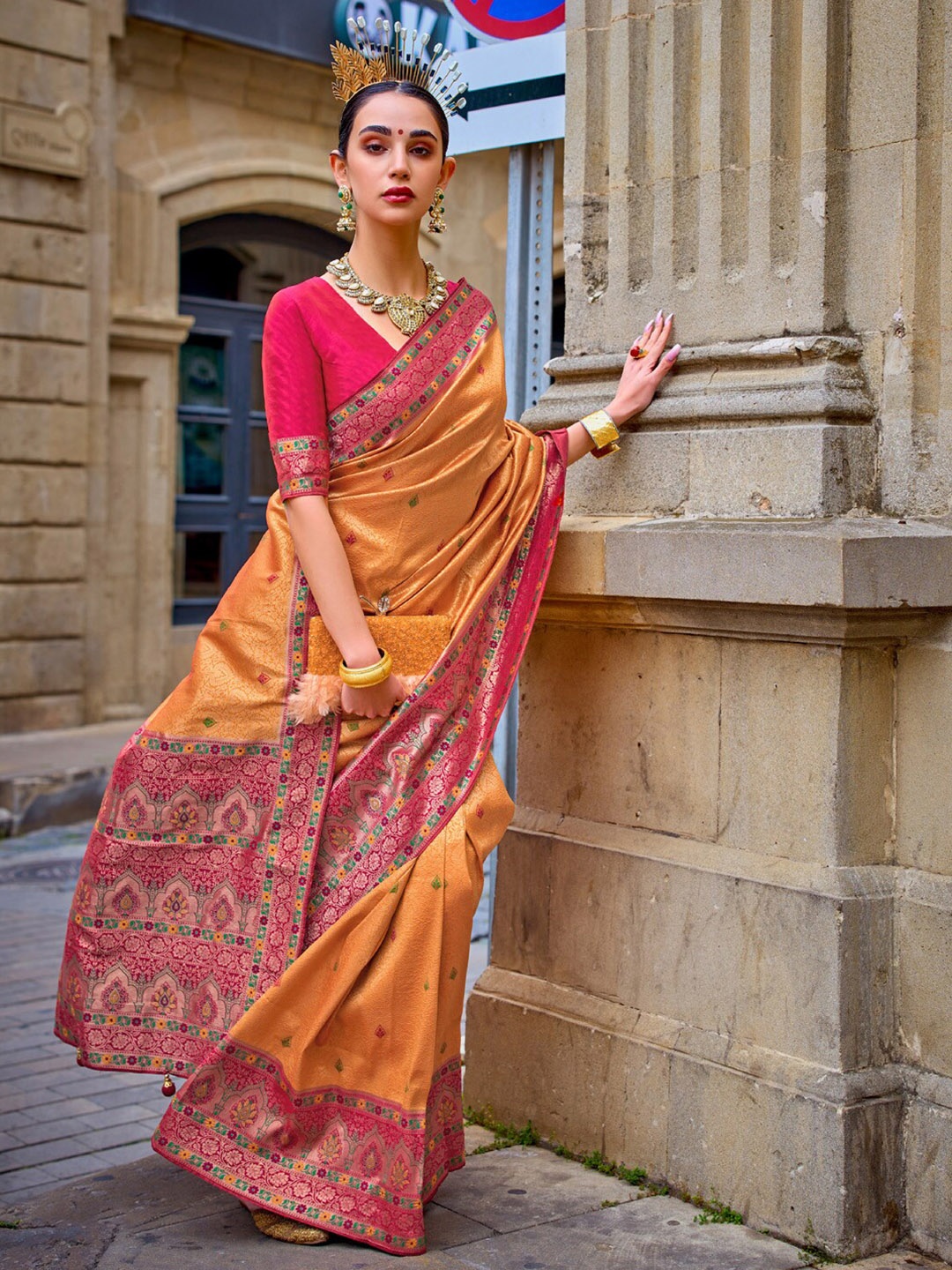 

Anouk Woven Design Jaali Silk Blend Banarasi Saree, Orange