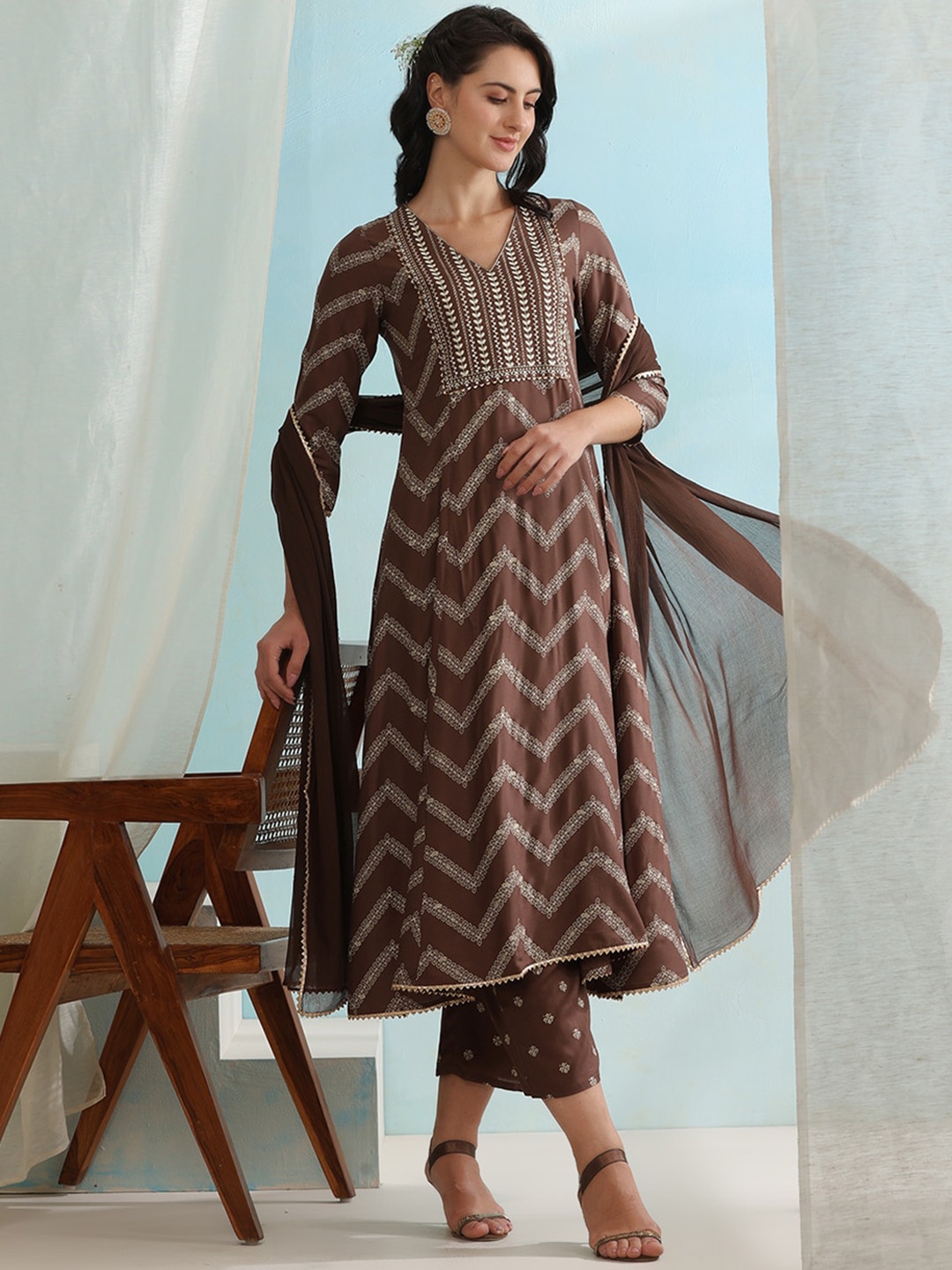 

Khushal K V Neck Chevron Embroidered Gotta Patti A line Kurta with Palazzo & Dupatta, Brown