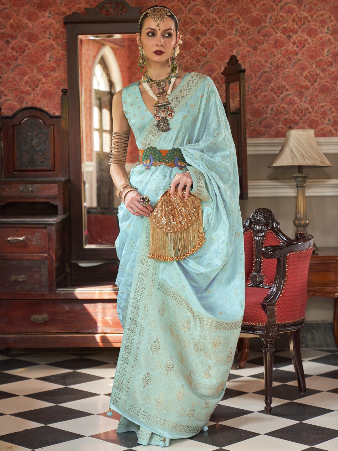 

Anouk Woven Design Jaali Silk Blend Banarasi Saree, Blue