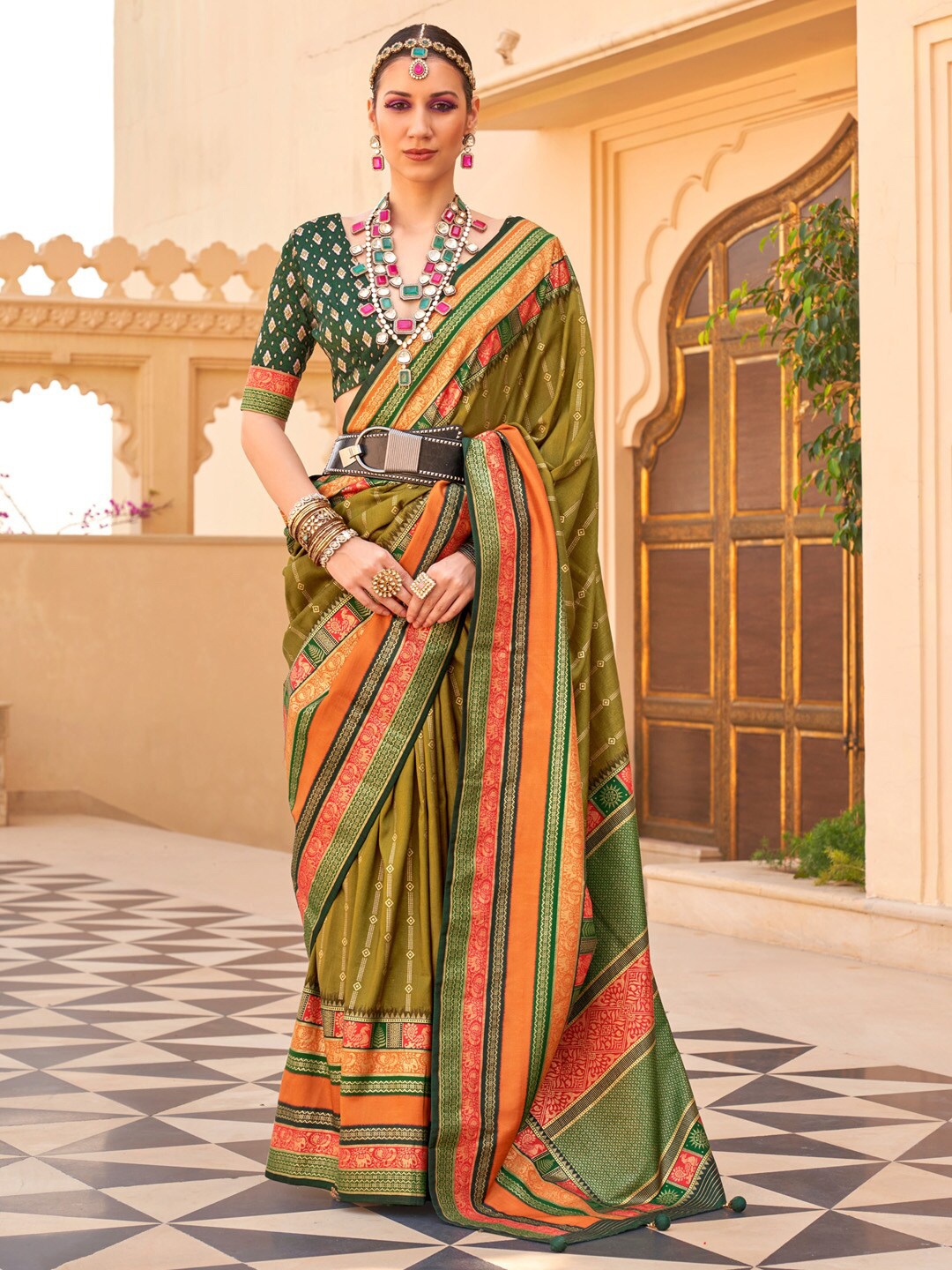 

Anouk Woven Design Jaali Silk Blend Saree, Olive