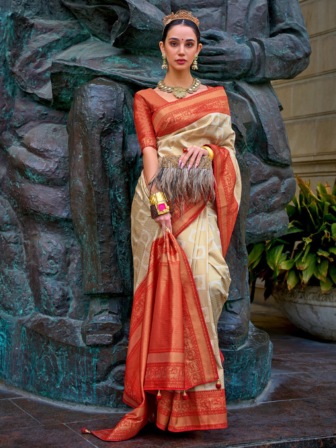 

Anouk Woven Design Jaali Silk Blend Banarasi Saree, Cream