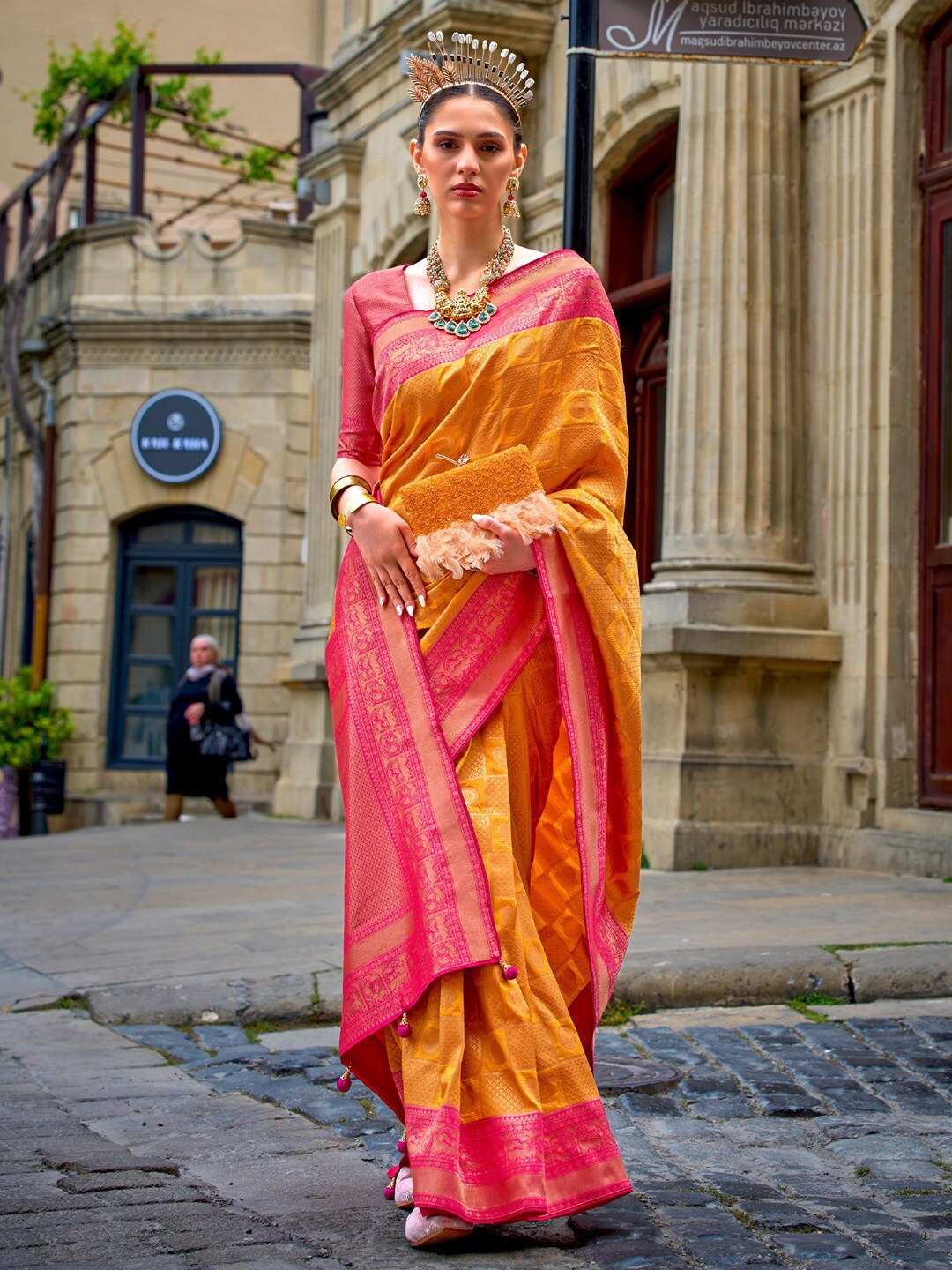 

Anouk Woven Design Jaali Silk Blend Banarasi Saree, Yellow
