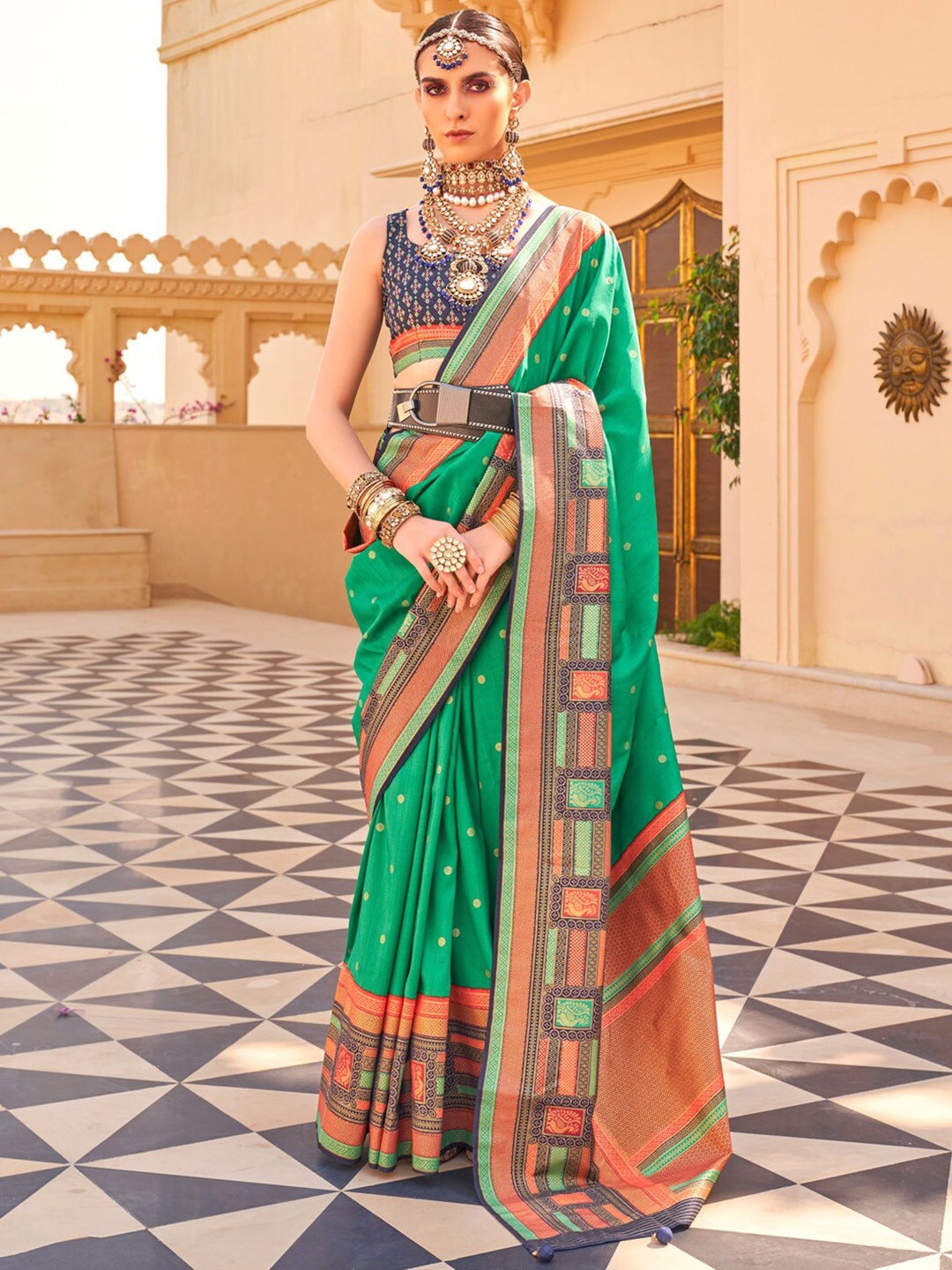 

Anouk Woven Design Jaali Silk Blend Banarasi Saree, Teal