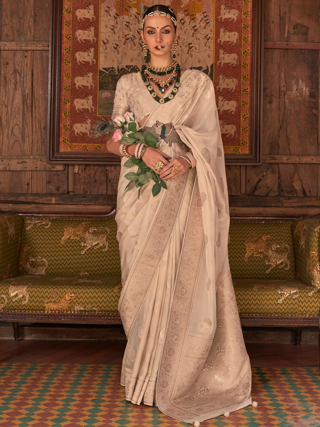 

Anouk Woven Design Jaali Silk Blend Banarasi Saree, Cream