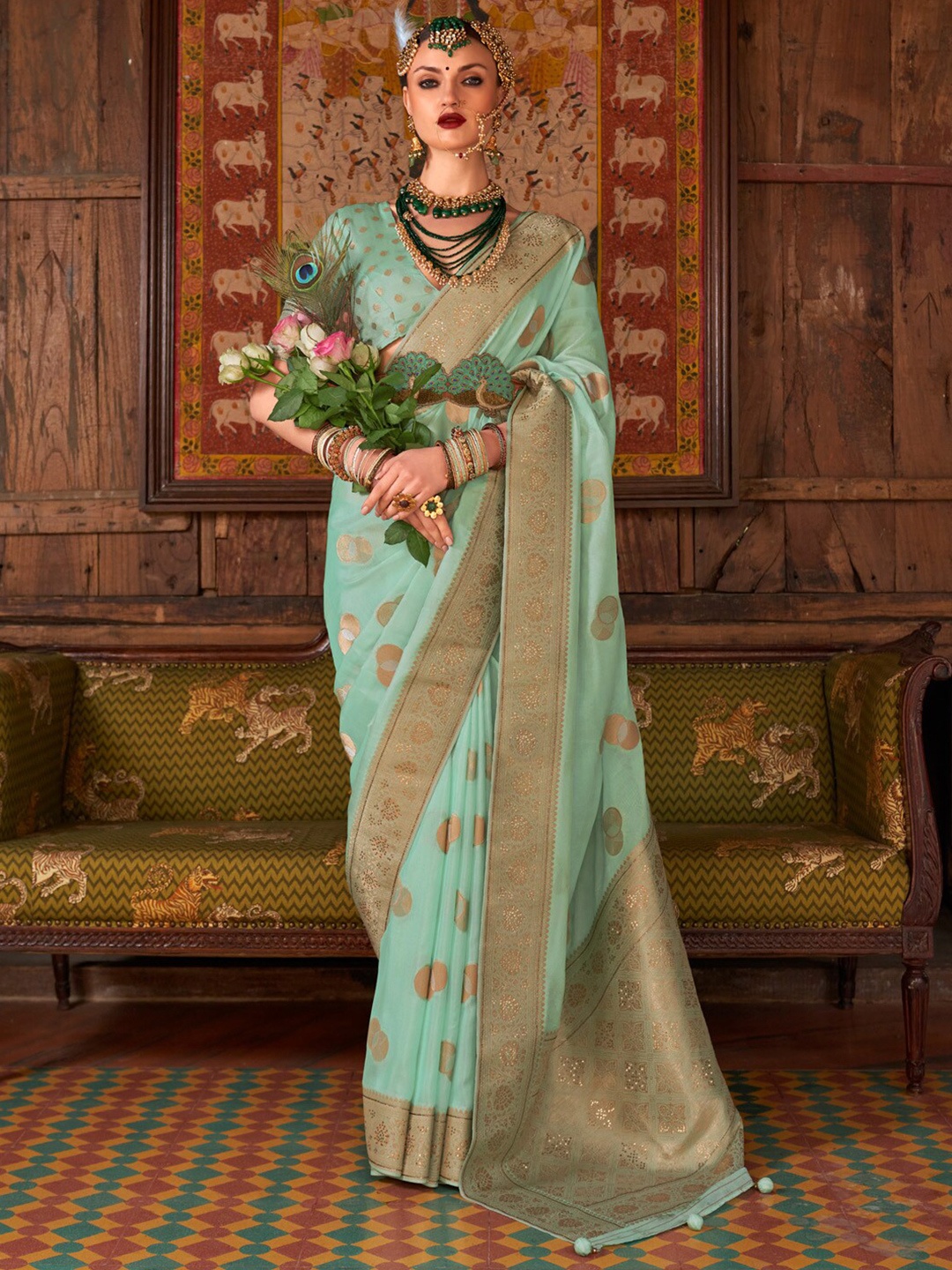 

Anouk Woven Design Zari Silk Blend Banarasi Saree, Sea green