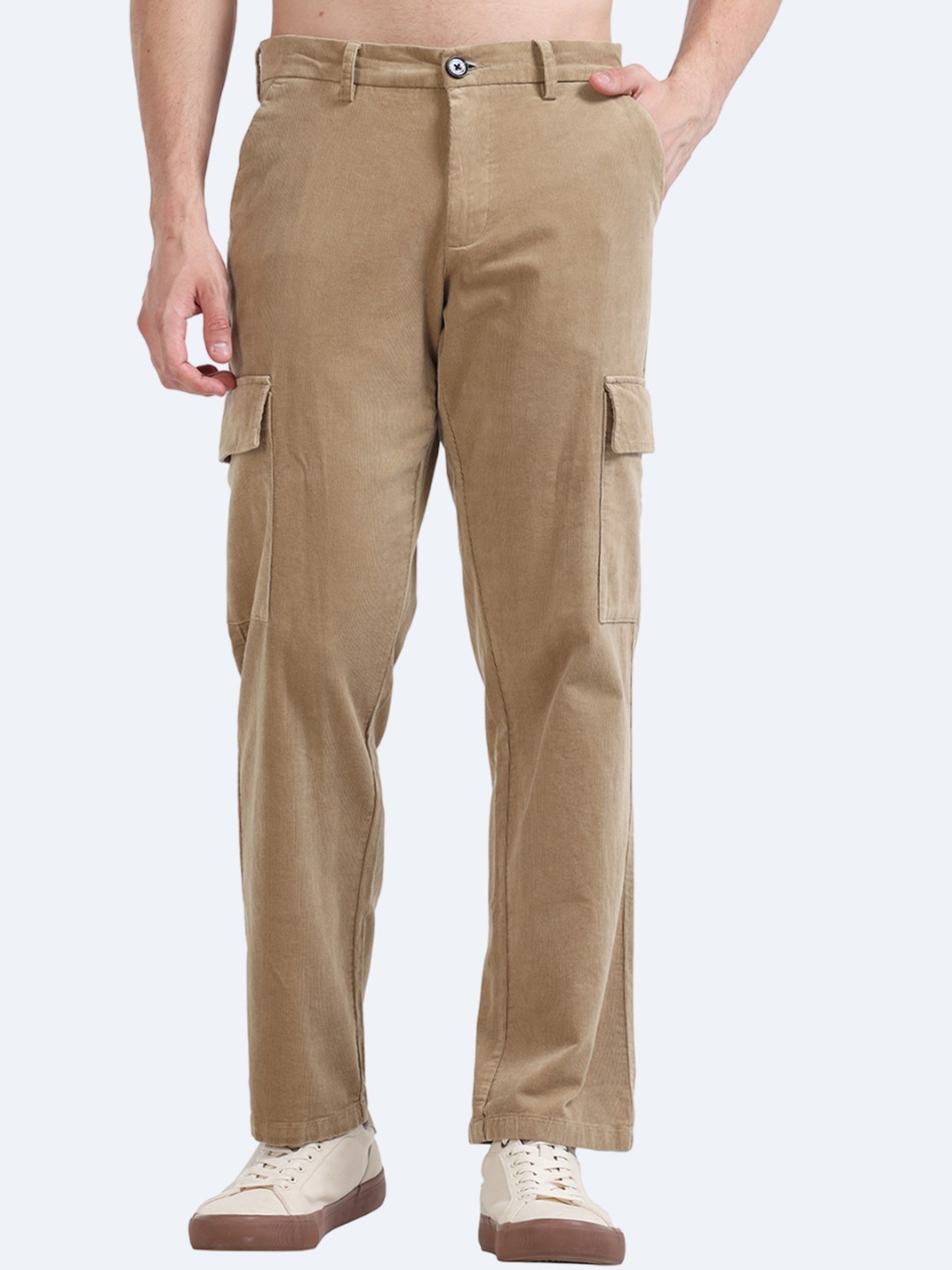 

Tailoraedge Men Relaxed Loose Fit Mid-Rise Cotton Cargos Trousers, Beige