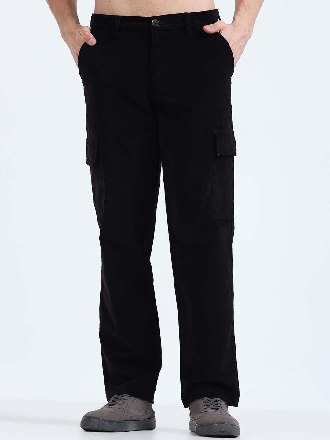 

Tailoraedge Men Relaxed Loose Fit Mid-Rise Cotton Cargos Trousers, Black